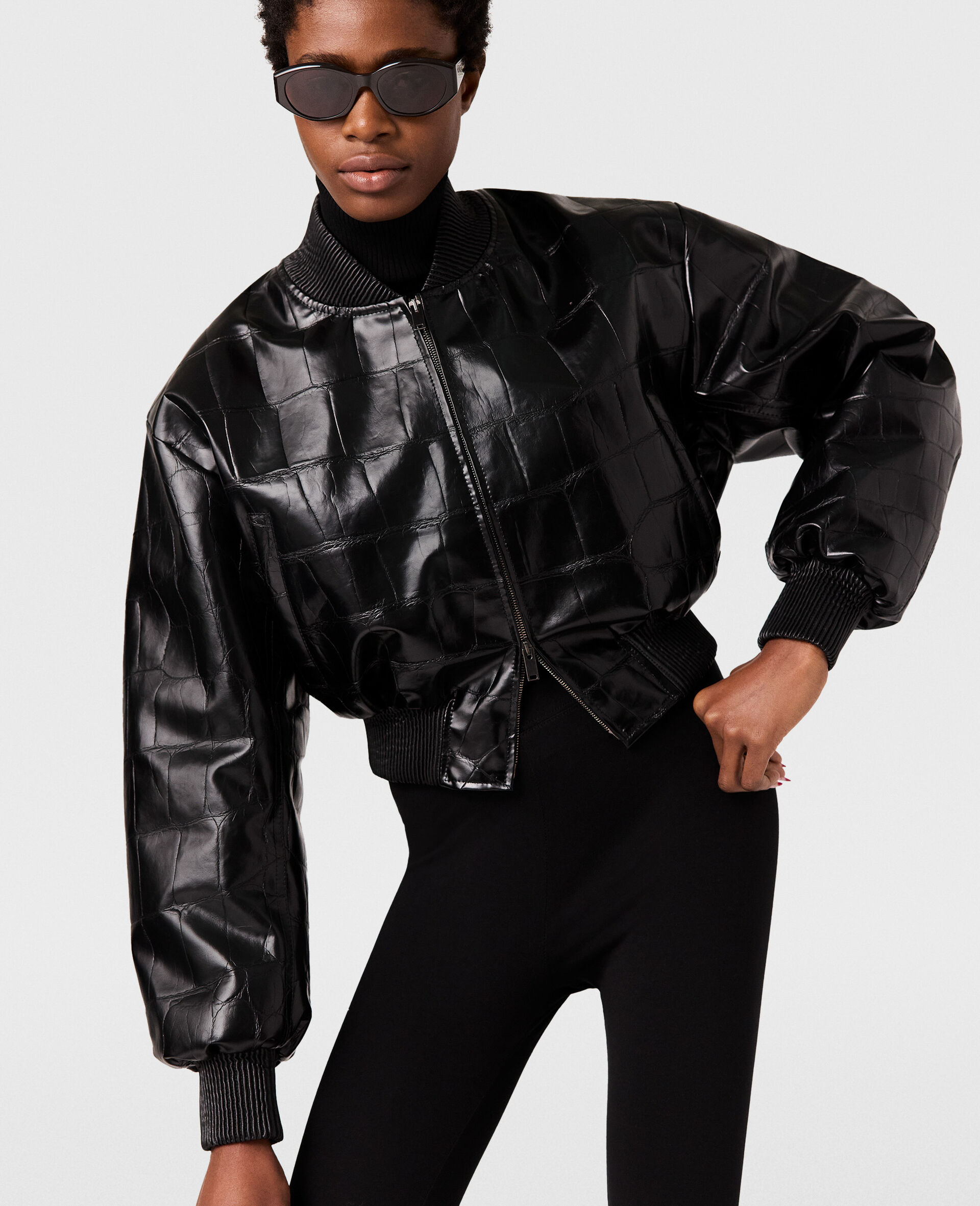 Crocodile-Embossed Cropped Bomber Jacket-Black-model