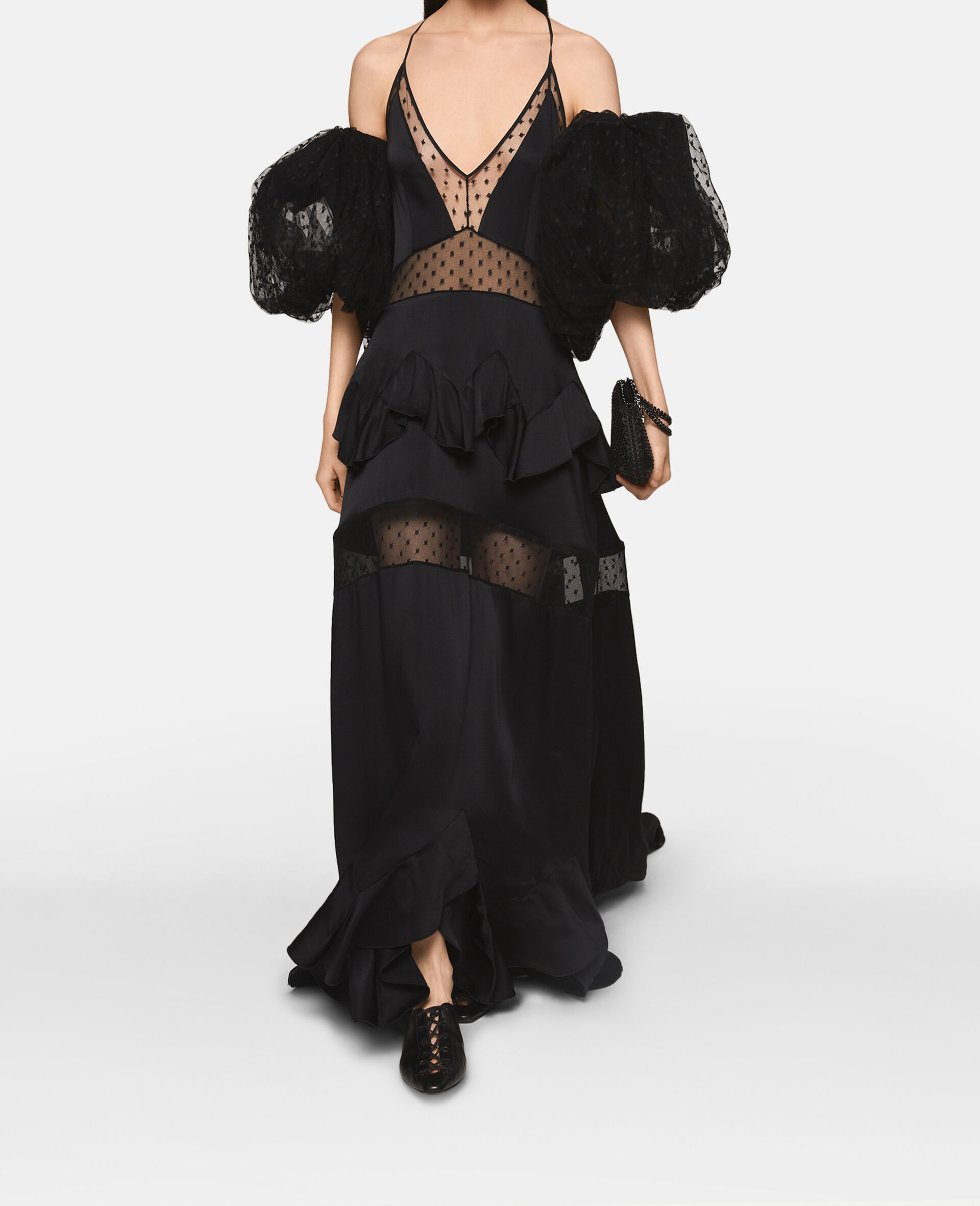 Puff Sleeve Polka Dot Mesh Maxi Dress-Black-large image number 1