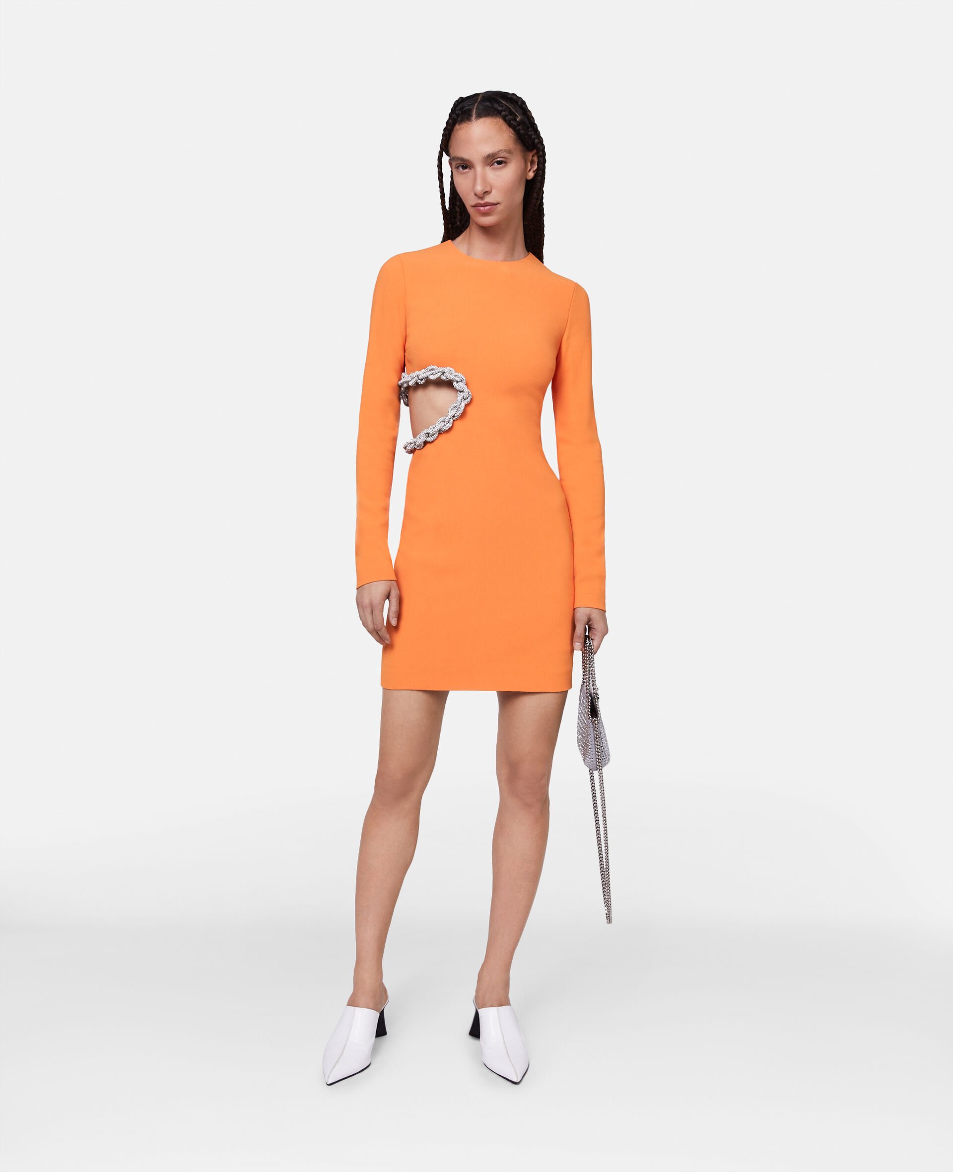 Crystal Cut-Out Mini Dress-Orange-model Crystal Cut-Out Mini Dress-Orange-model