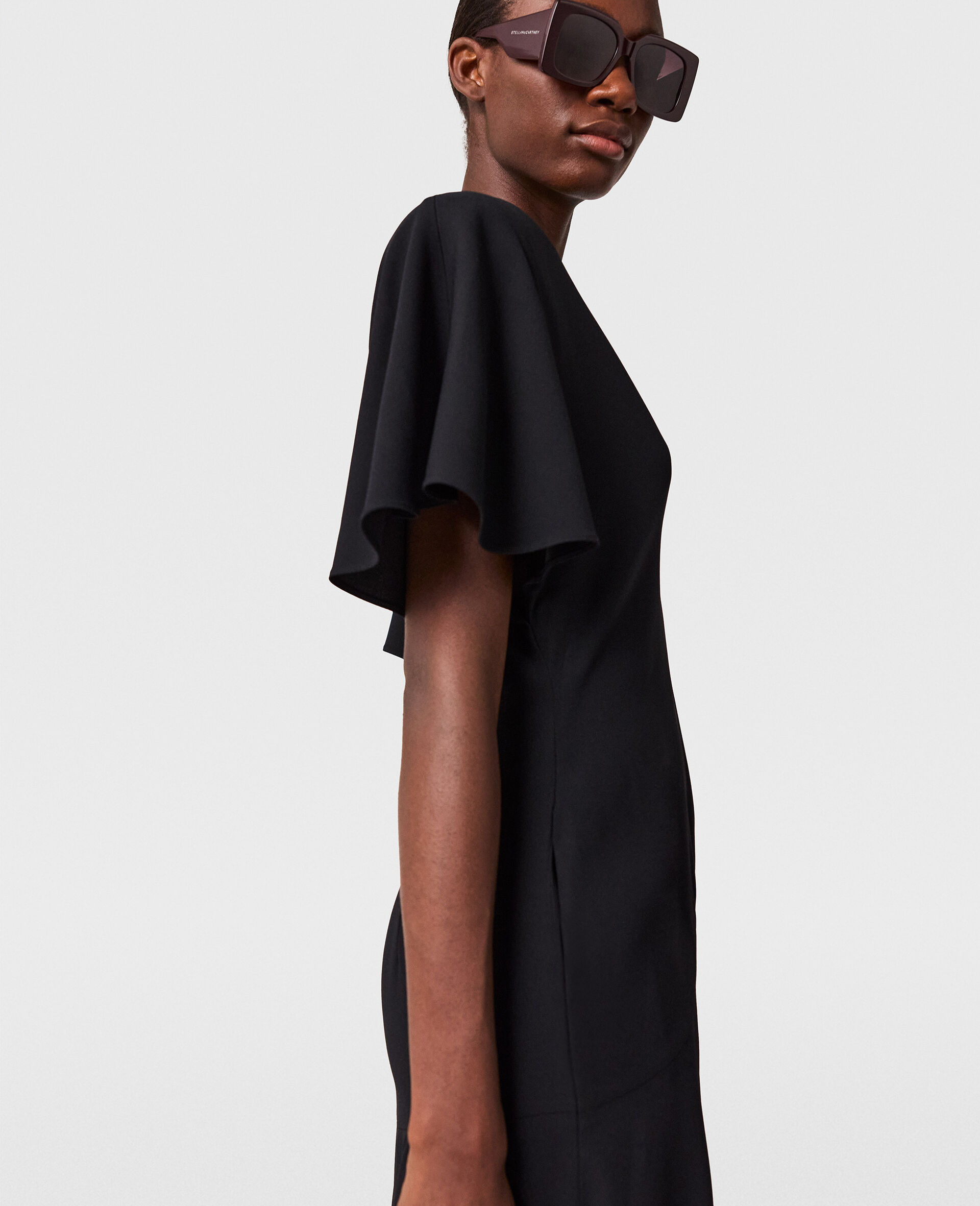 V-Neck Short-Sleeve Satin Midi Dress-Black-large image number 2