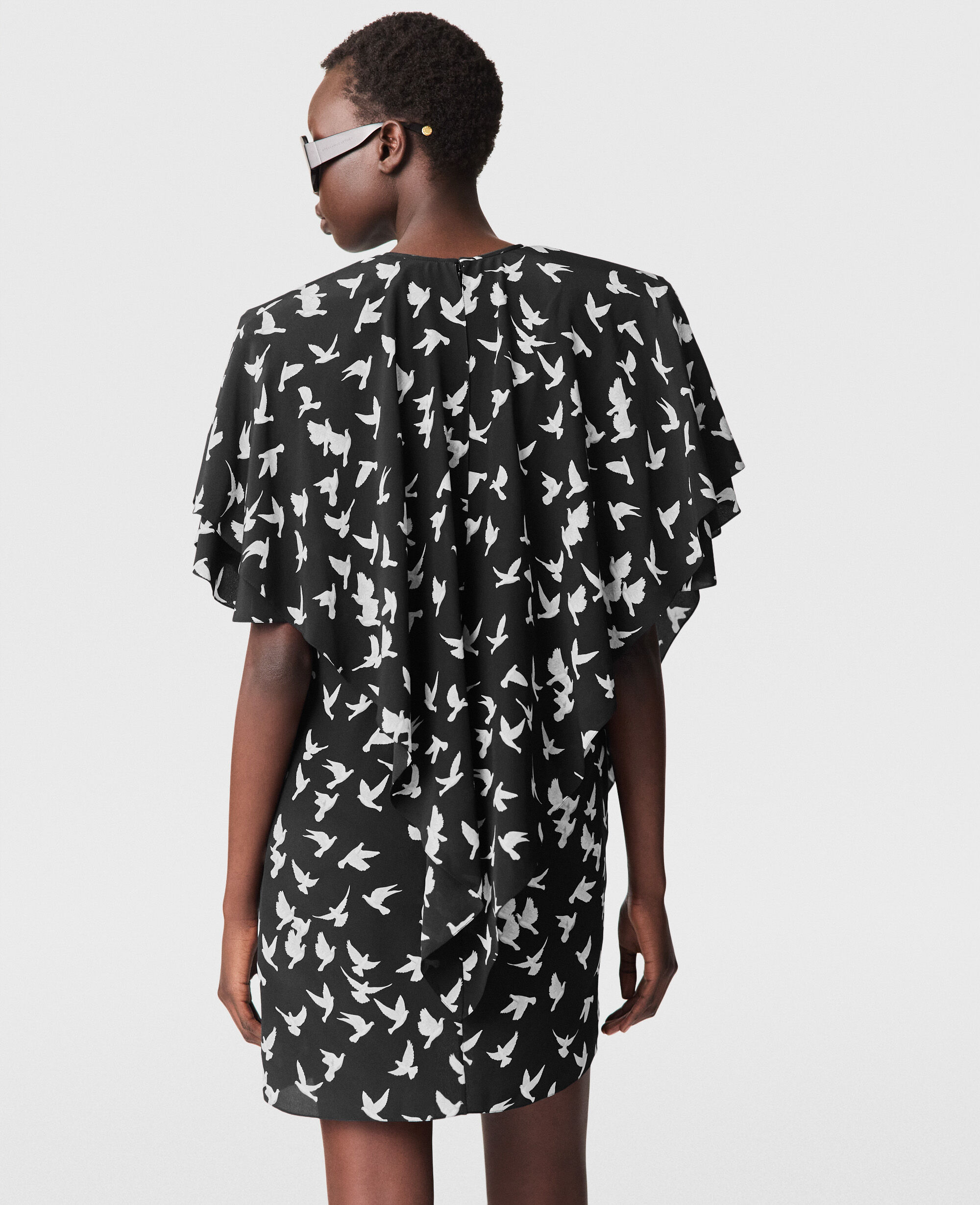 Women Black/White Layered Short-Sleeve Dove Print Mini Dress Women Black/White Layered Short-Sleeve Dove Print Mini Dress