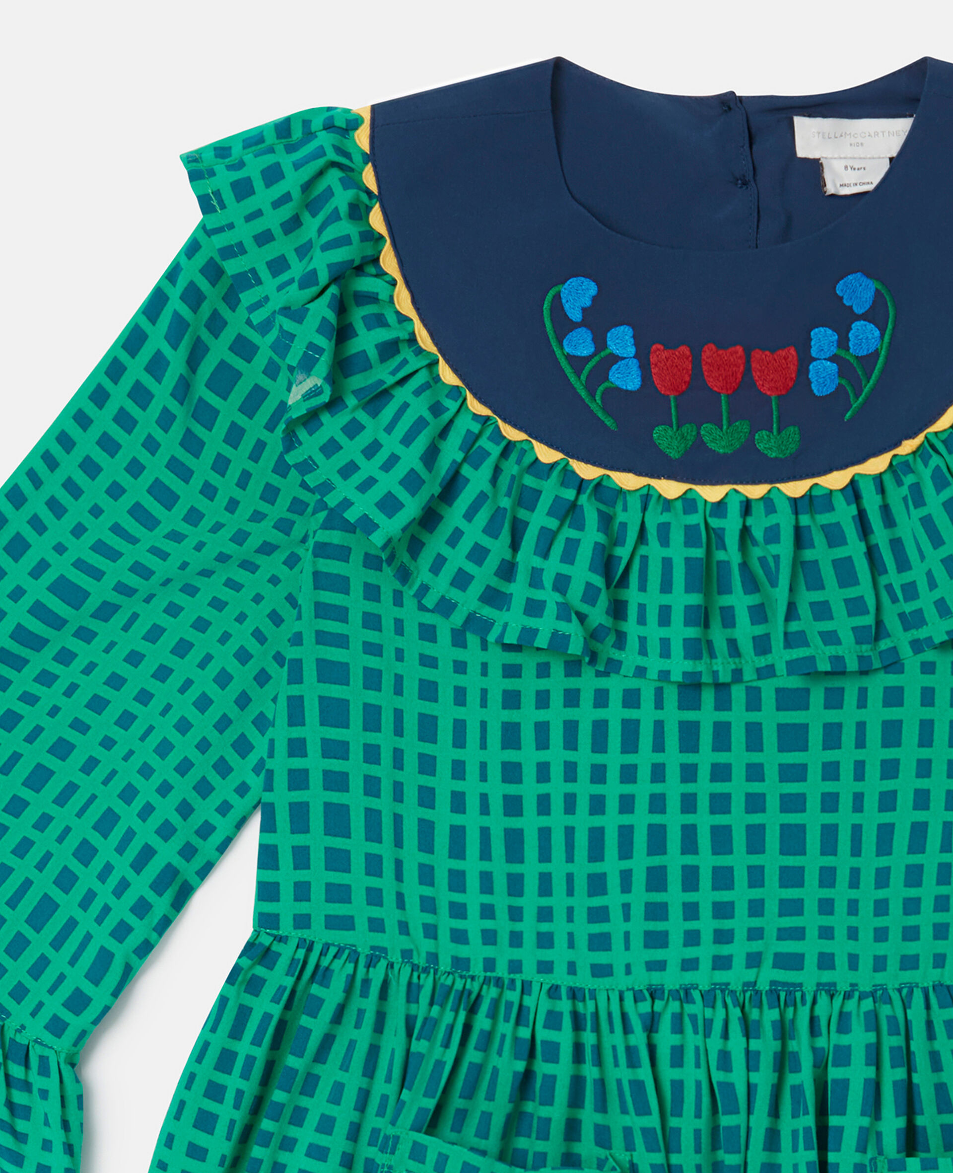 Robe a col imprime carreaux et fleur folklorique-Vert-large image number 1