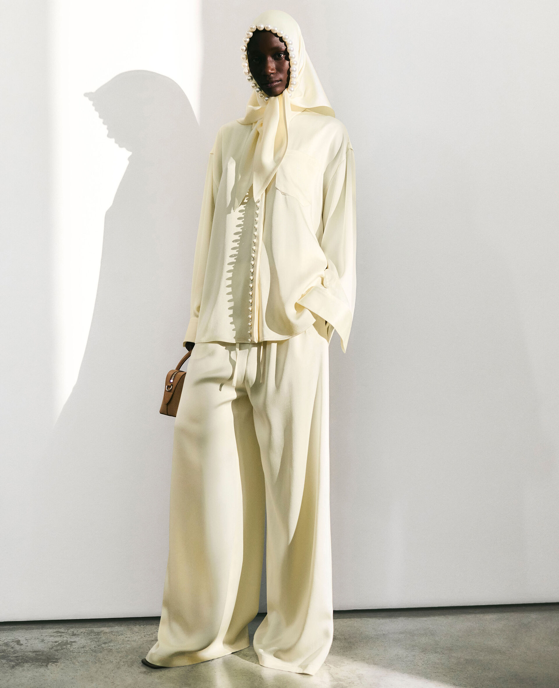 Oversized Drawstring Satin Trousers-Yellow-medium