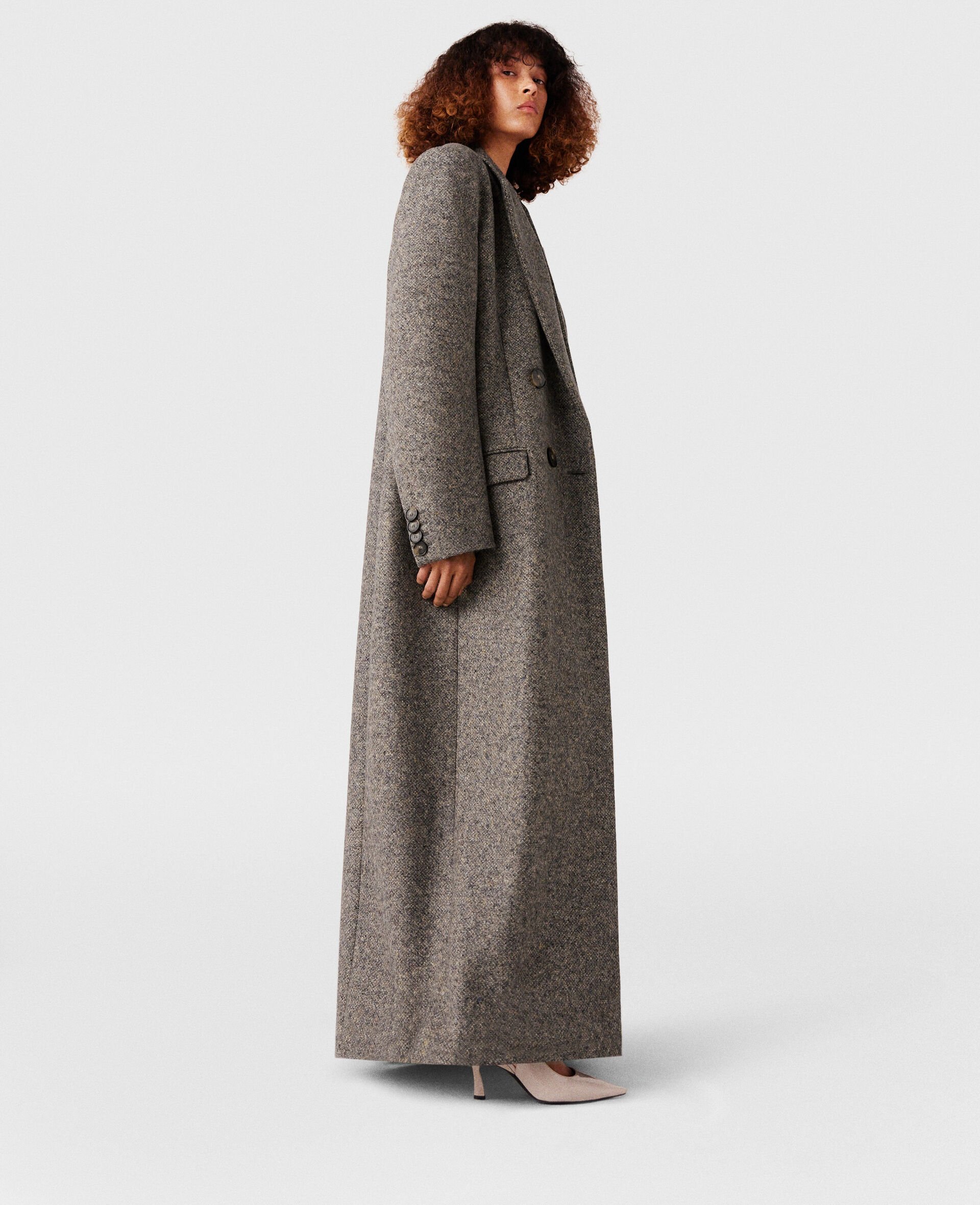 Double-Breasted Tweed Long Coat-Beige-large Double-Breasted Tweed Long Coat-Beige-large image number 2