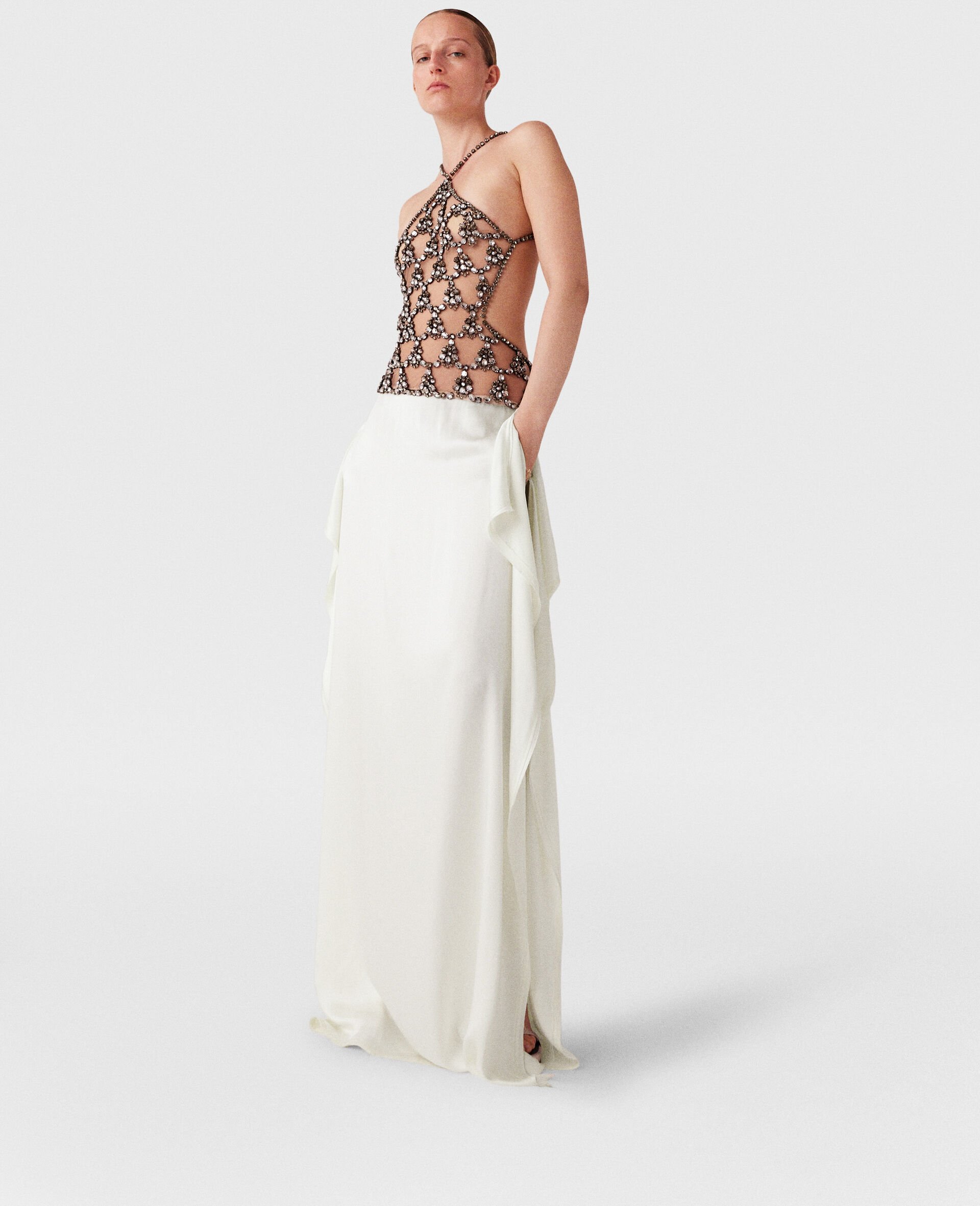 Crystal Cage Halterneck Maxi Dress-Silver-model Crystal Cage Halterneck Maxi Dress-Silver-model