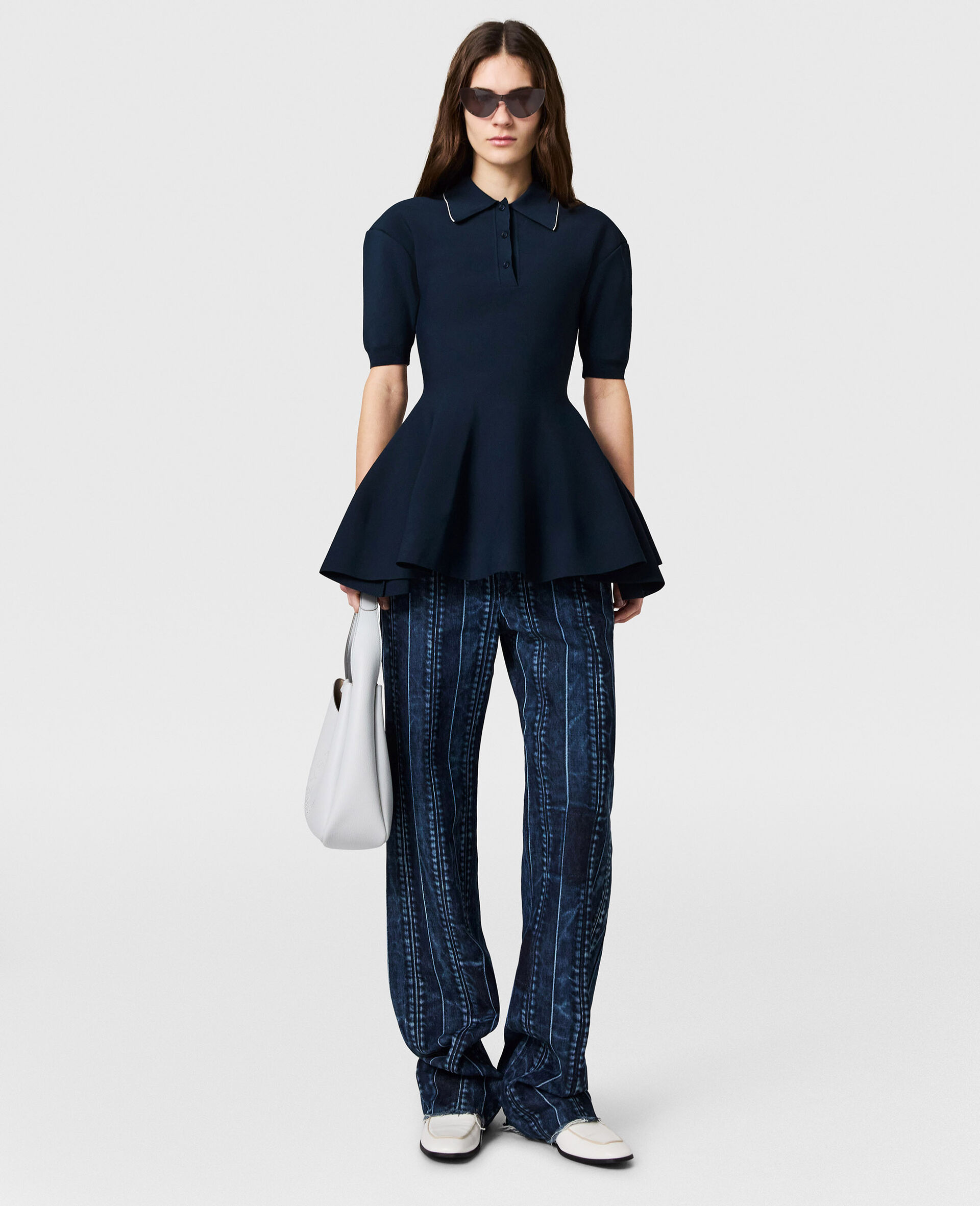 Compact Knit Peplum Polo Top-Blue-large image number 4