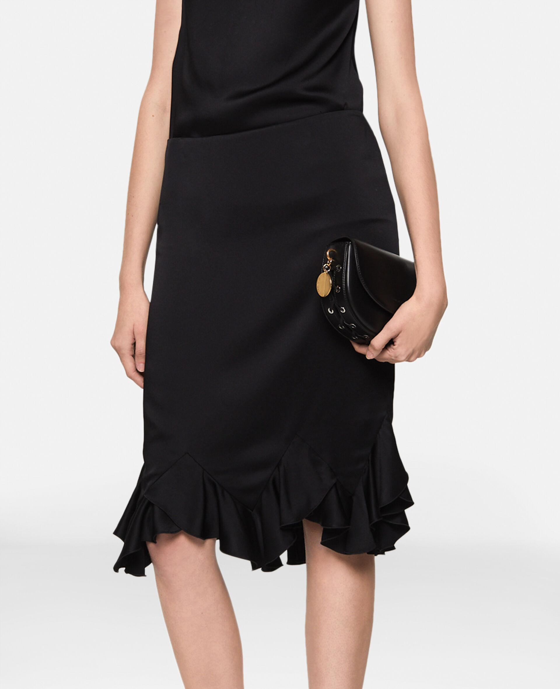 Ruffled-Hem Satin Midi Skirt-Black-large image number 4