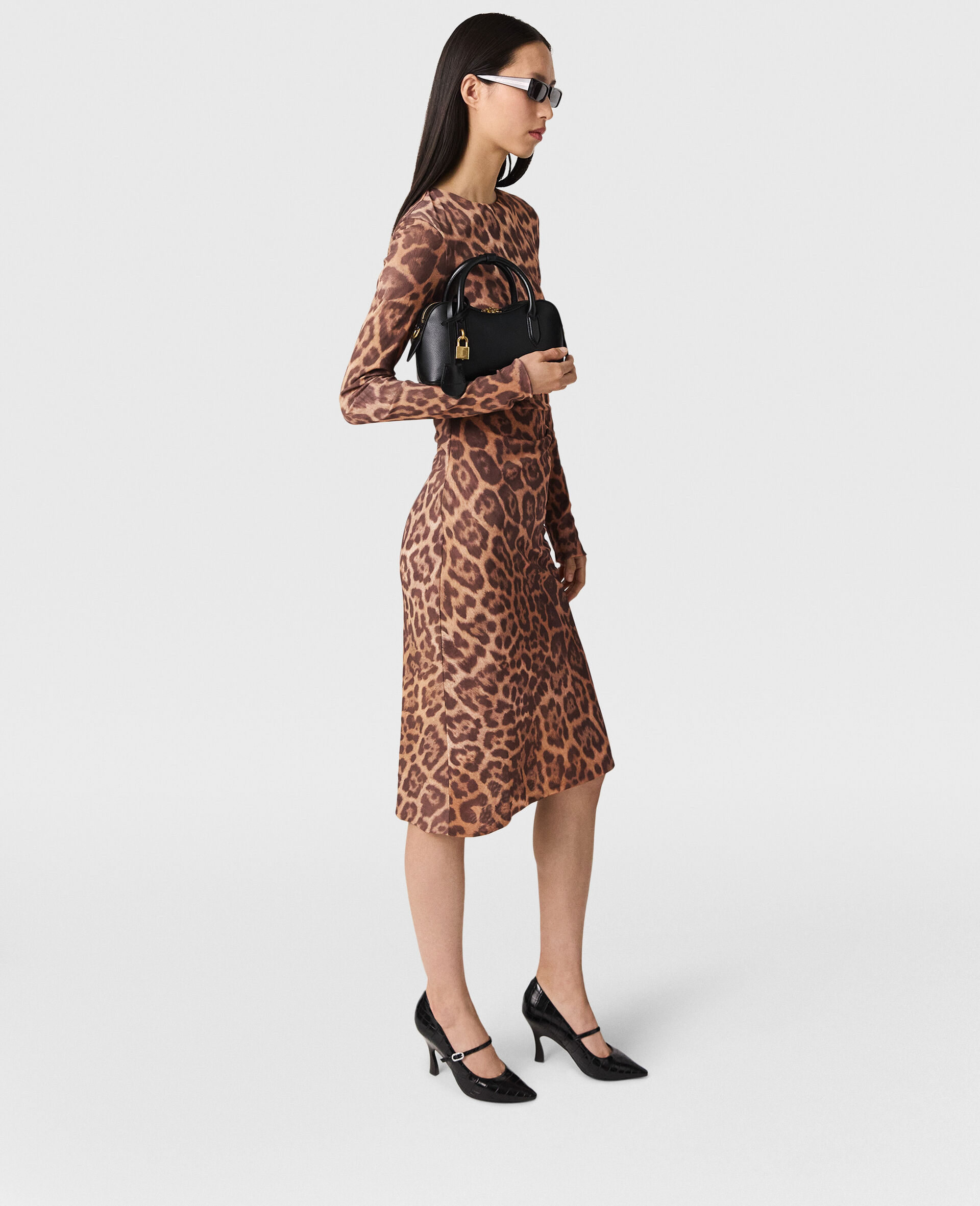 Leopard Long-Sleeve Midi Dress-Brown-large image number 2
