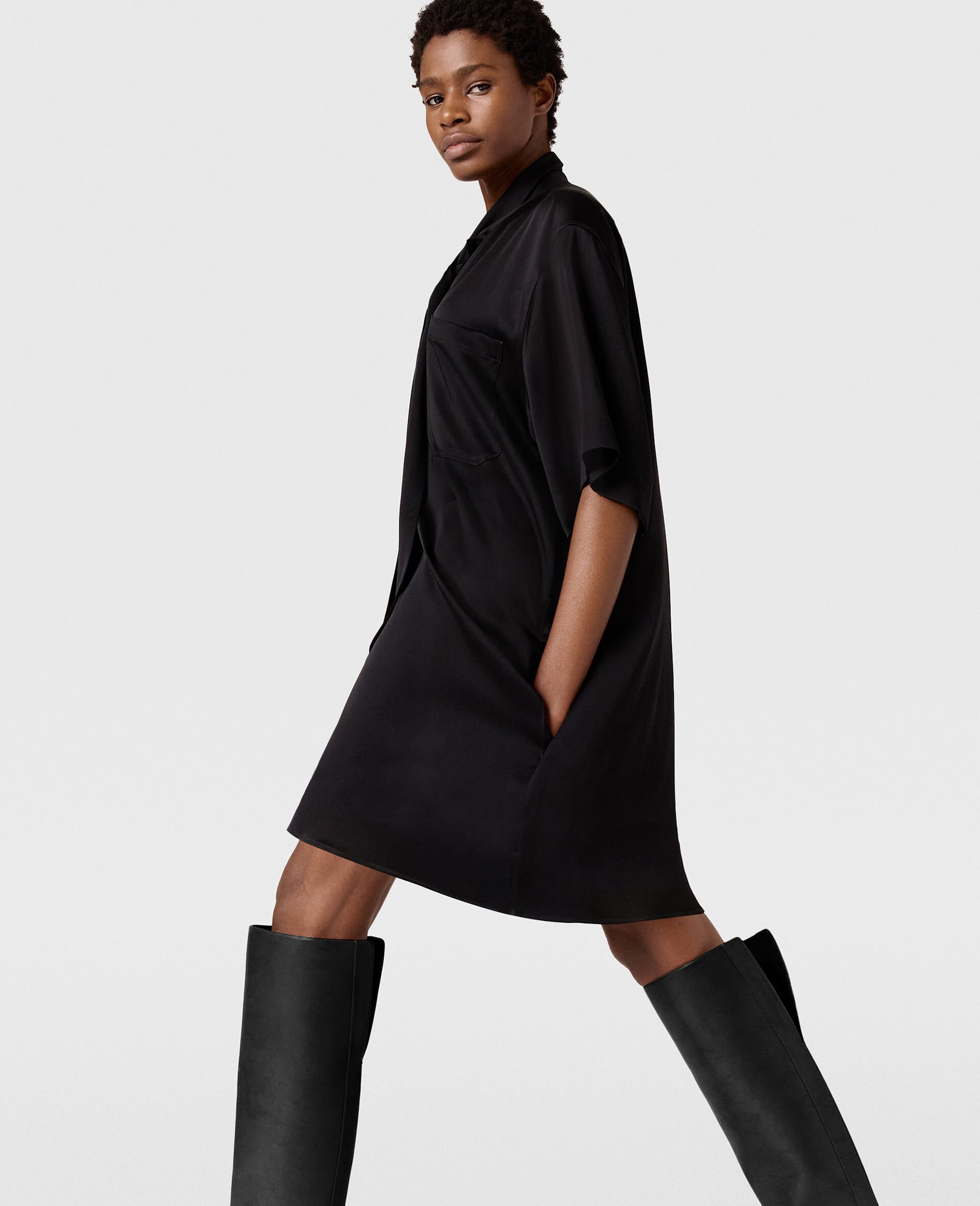 Tie Neck Mini Dress-Black-model Tie Neck Mini Dress-Black-model
