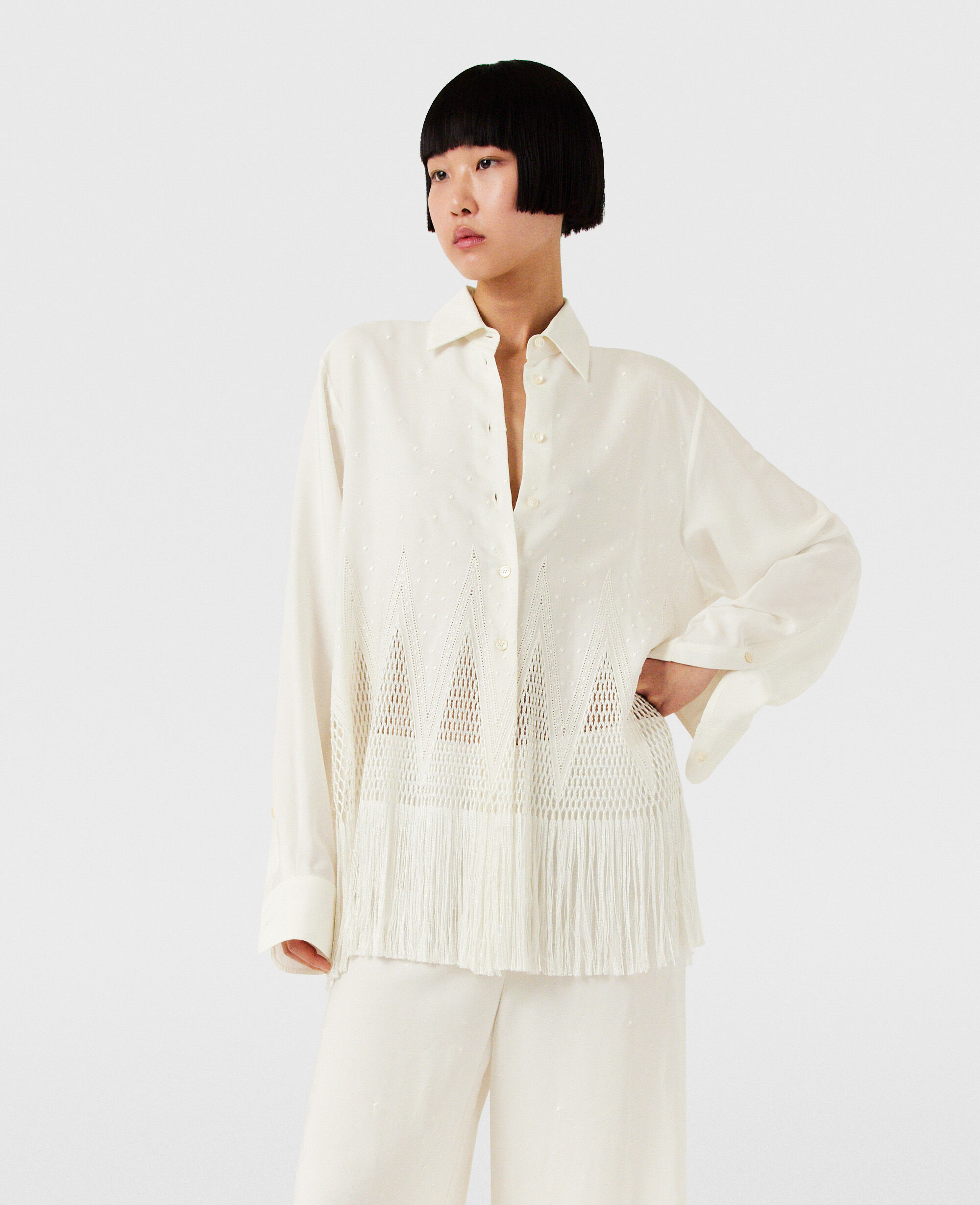 Women CREAM Open-Knit Fringe Shirt | Stella McCartney US