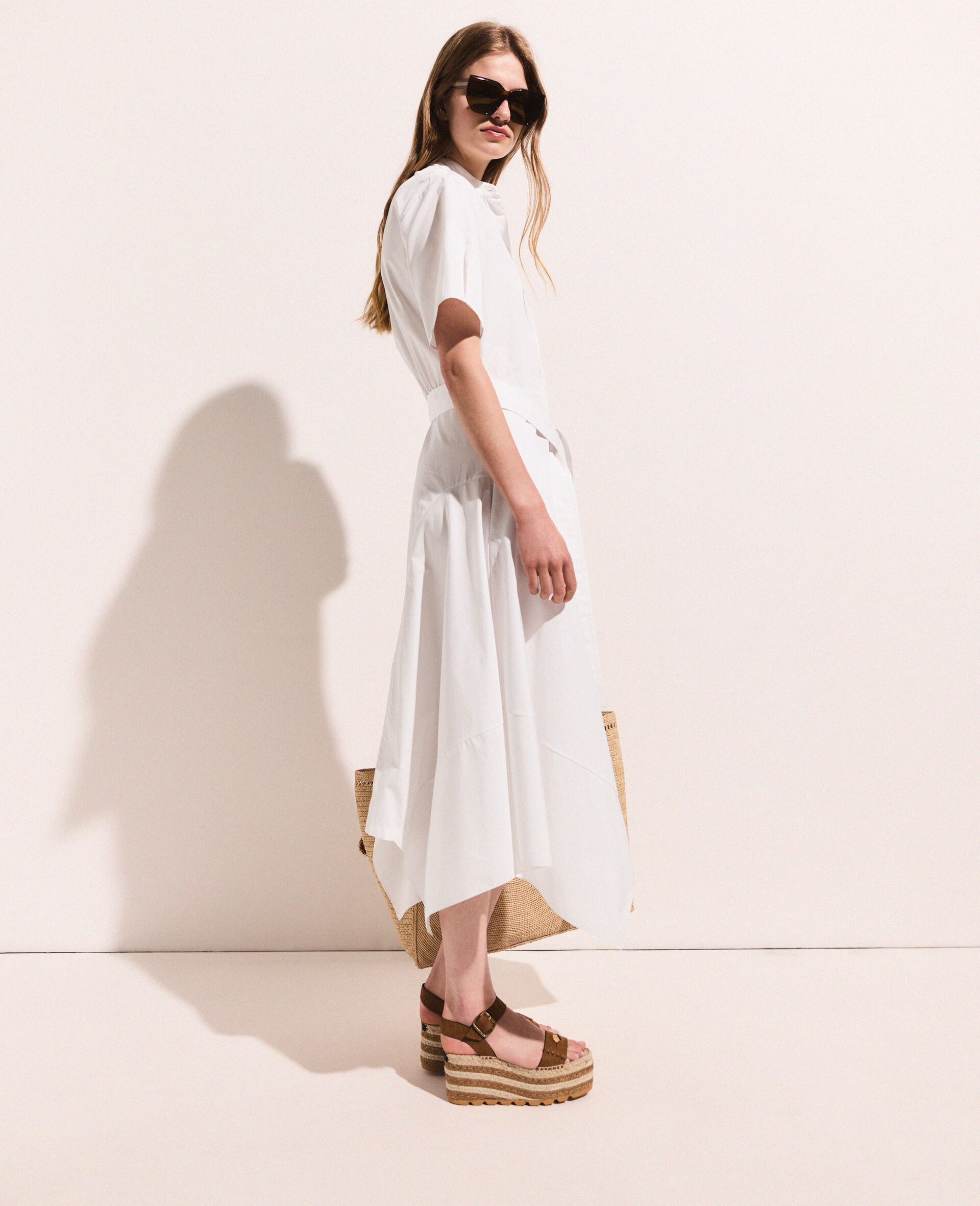 Short Sleeve Belted Midi Dress-White-large image number 2