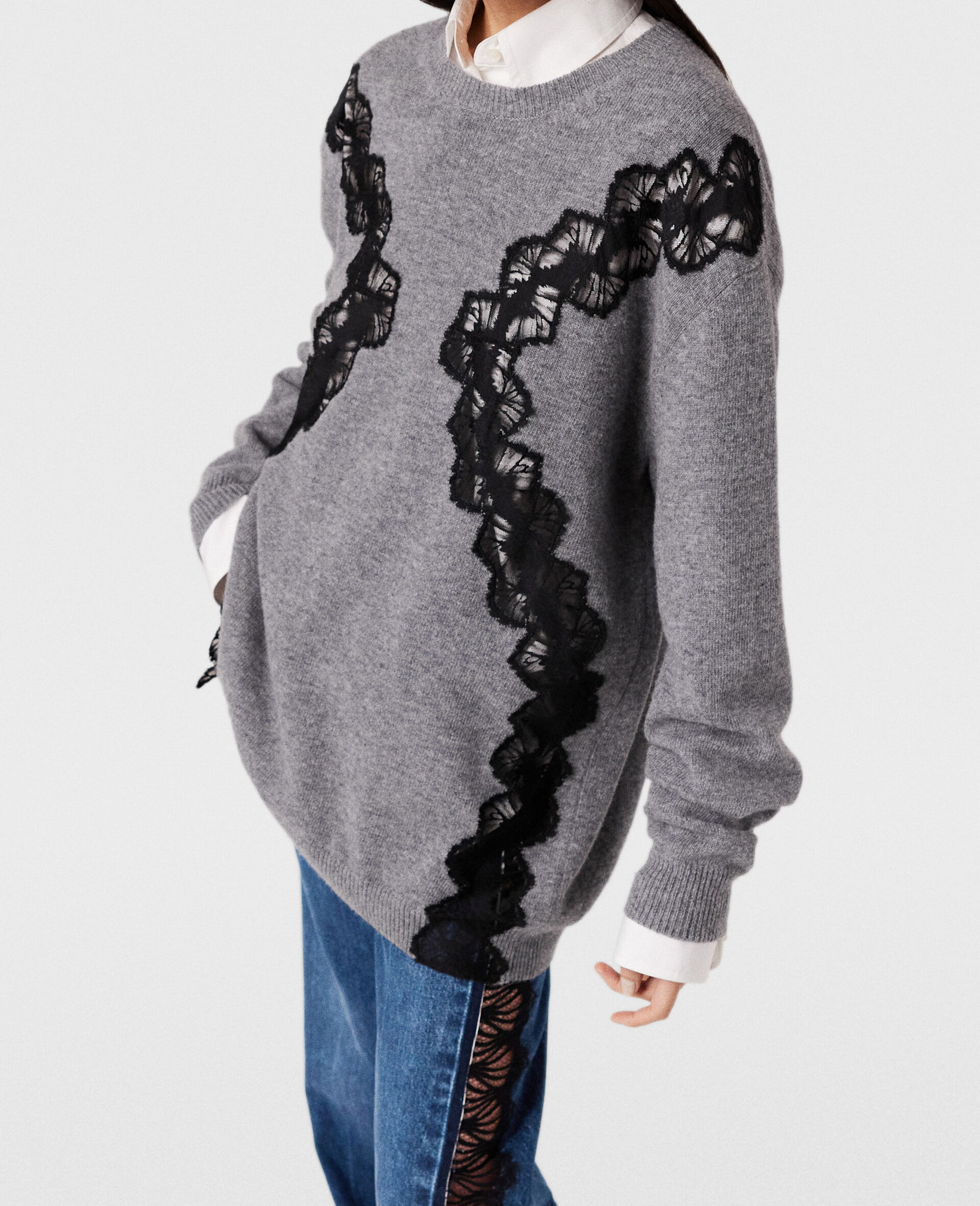 Lace Insert Long Sleeve Sweater-Grey-large image number 4