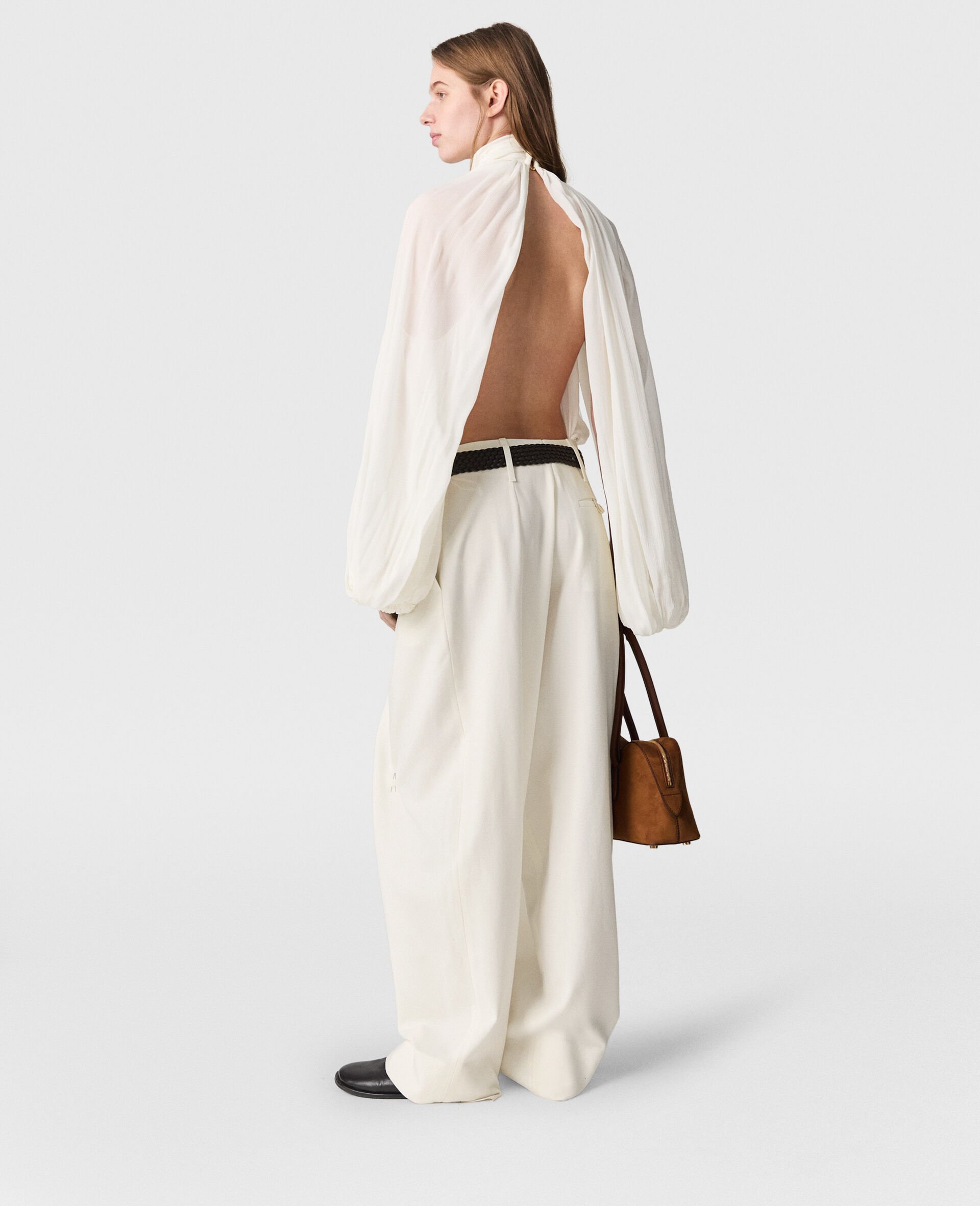 Pleated Baloon Sleeve Top-White-large image number 4