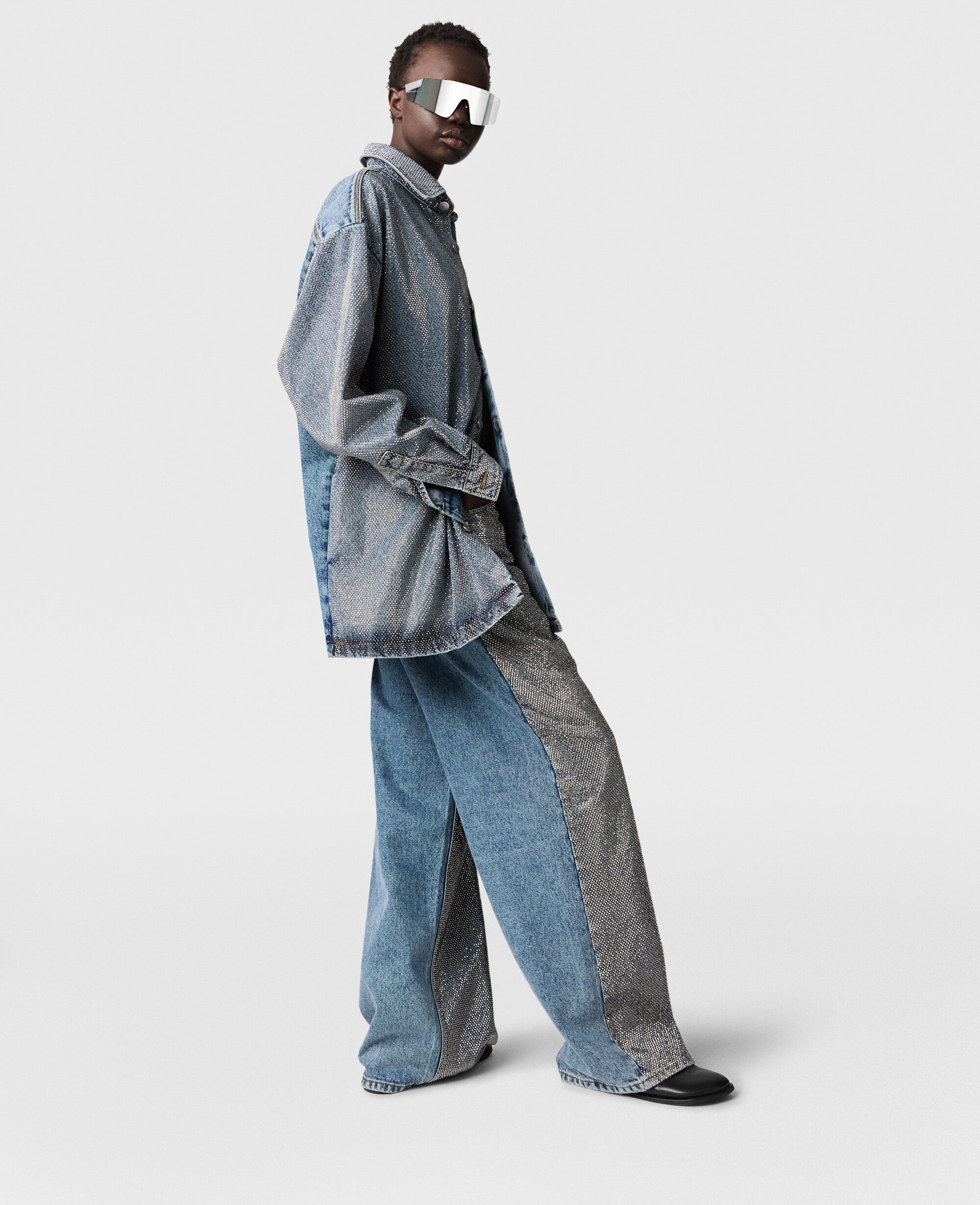 ト セール おすすめ Women Silver Shirt Denim Crystal-Embellished Oversized トップス