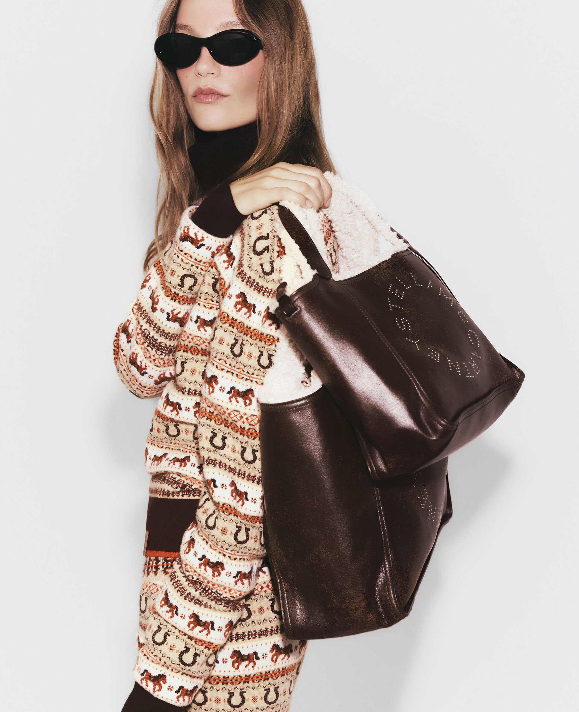 Logo Plush-Lined Crossbody Tote Bag-Brown-model
