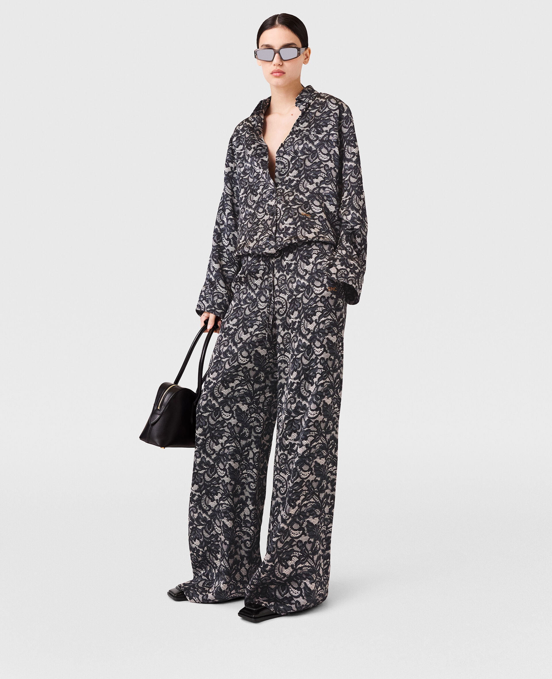 Lace Print Oversized Drawstring Pants-Black-model
