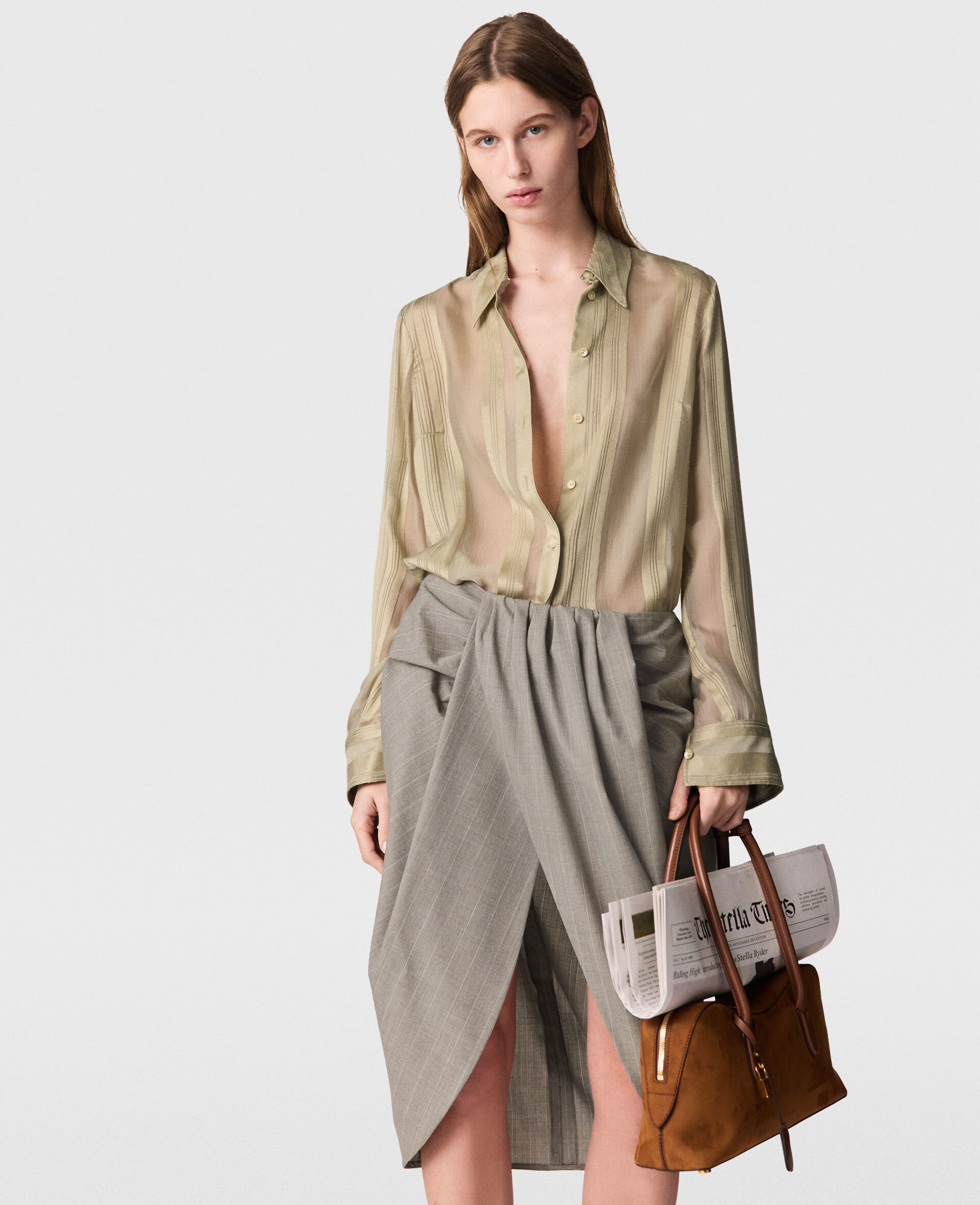 Sheer Striped Paneled Shirt-Beige-model