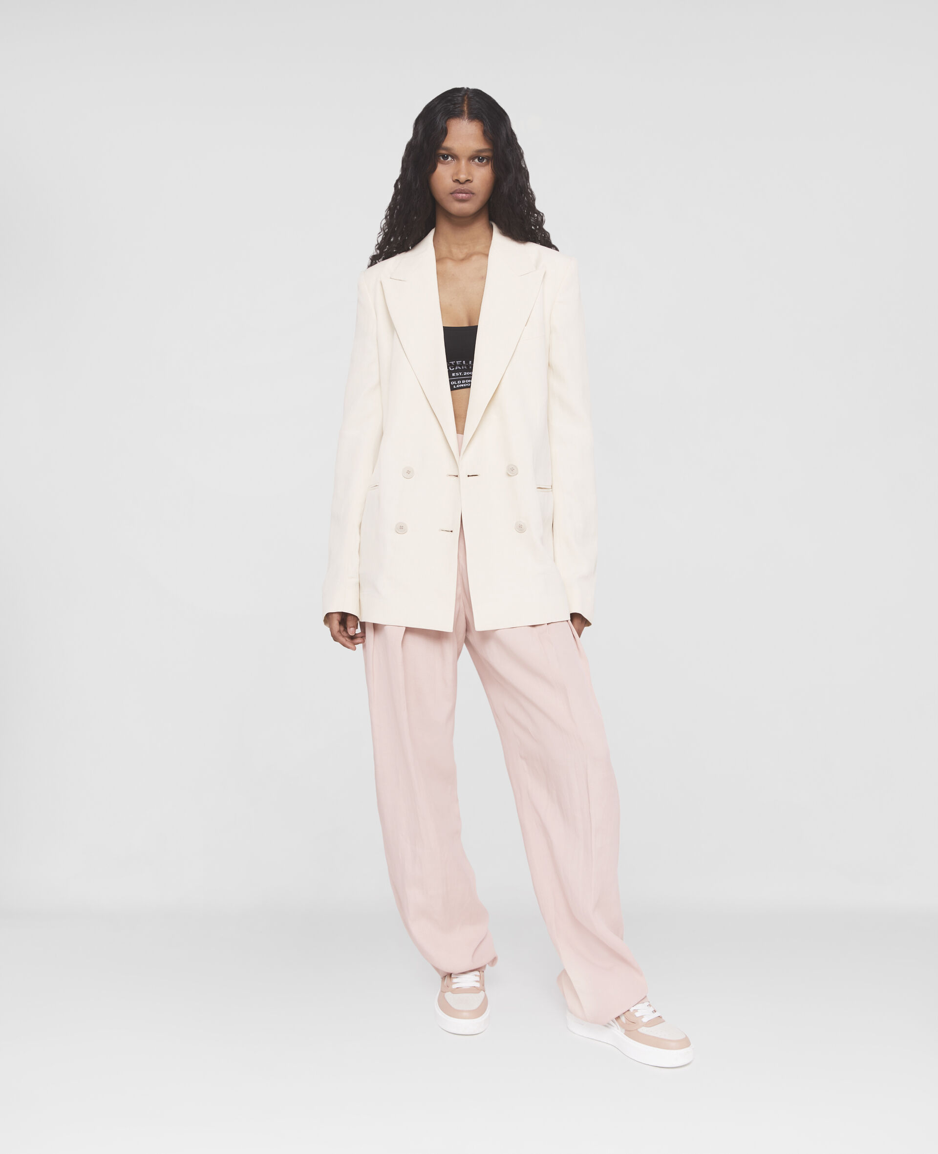 Fluid Linen Double-Breasted Blazer-Beige-large image number 1