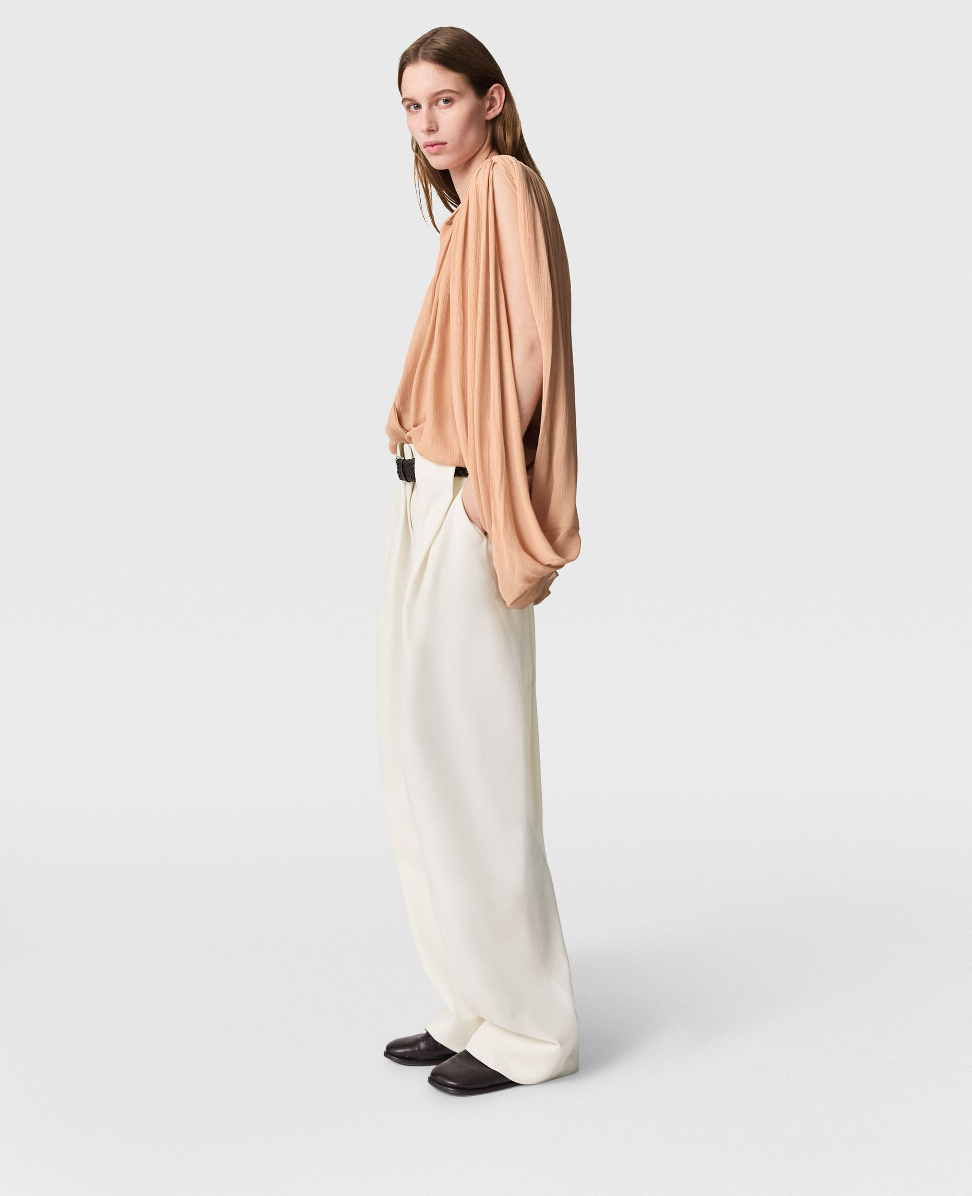 Pleated Cape-Sleeve Top-Beige-large image number 2