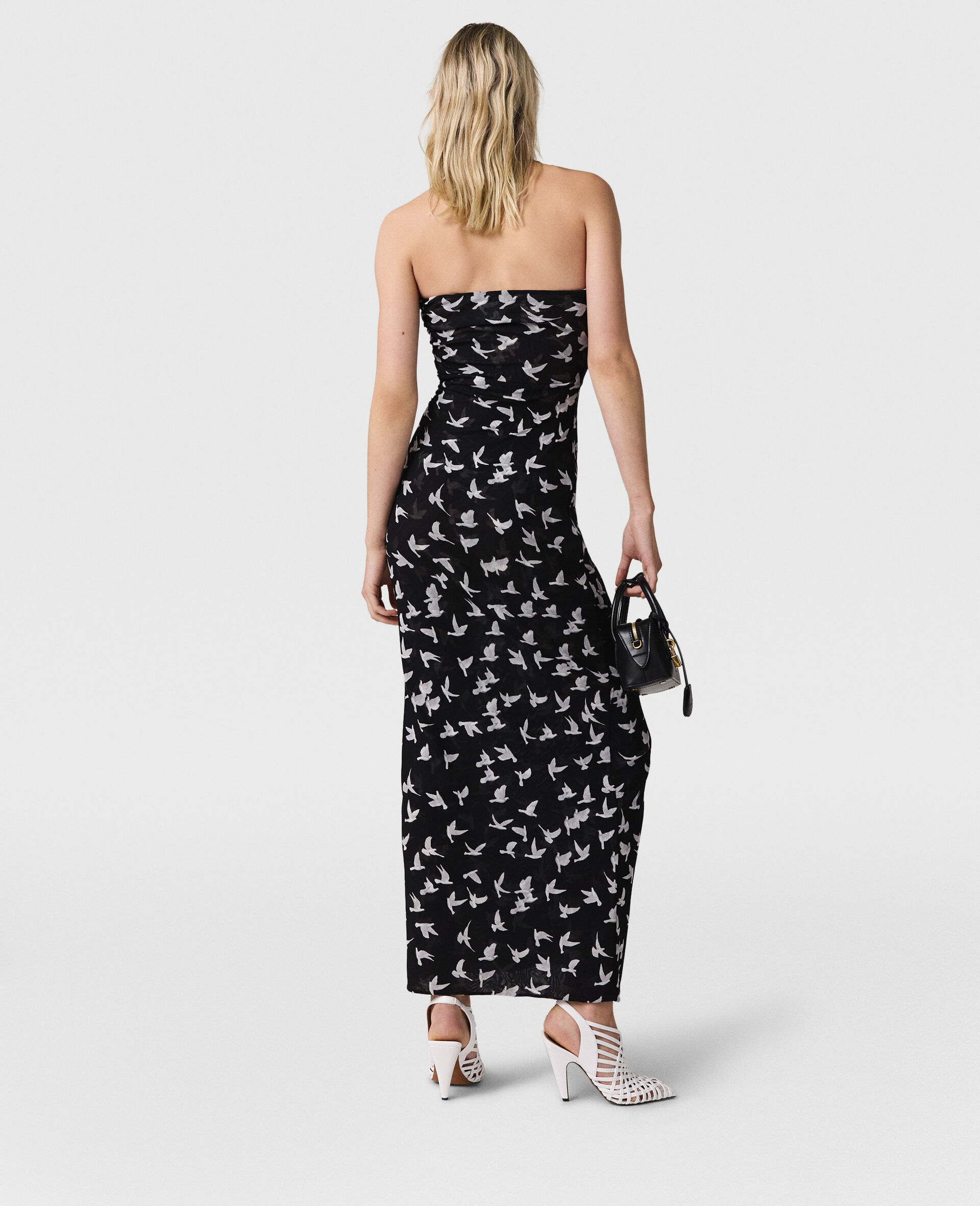 Dove Print Mesh Strapless Midi Dress-Black-large image number 4