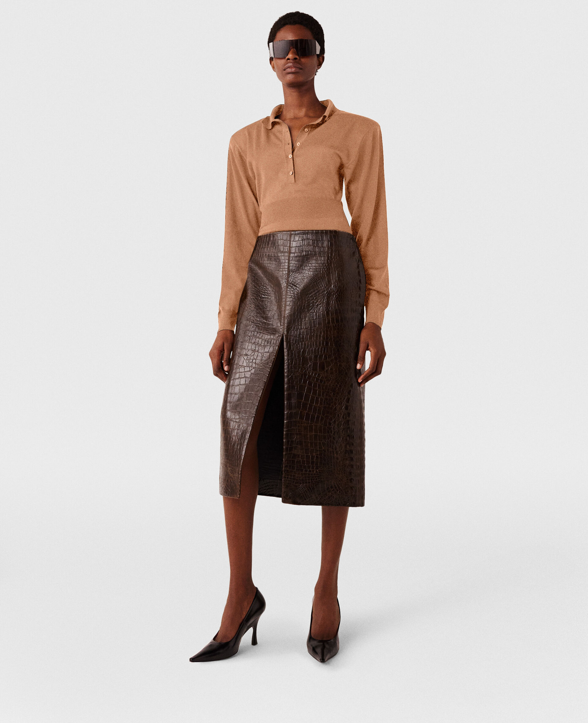 Crocodile Embossed Midi Skirt-Brown-large image number 5