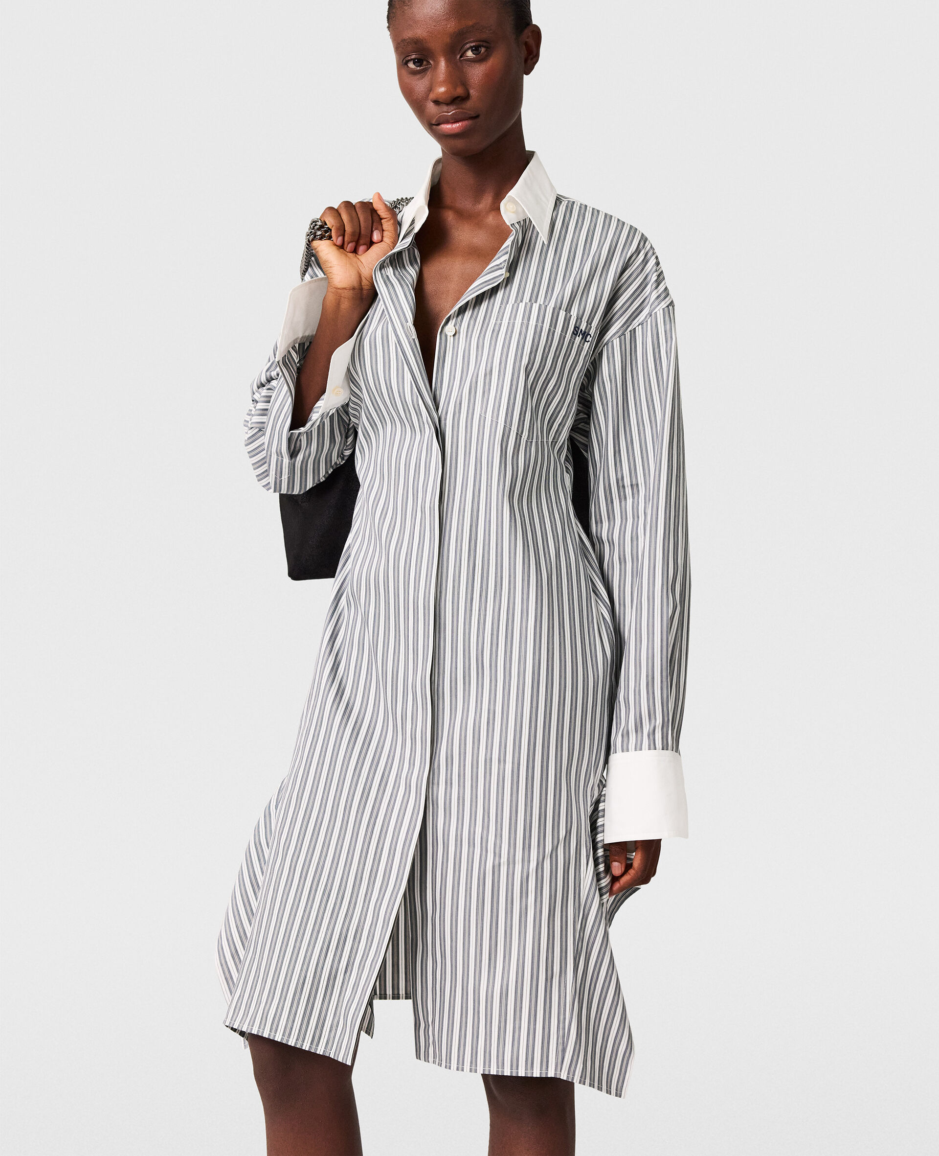 Long-Sleeve Pinstripe Shirt Dress-Grey-medium
