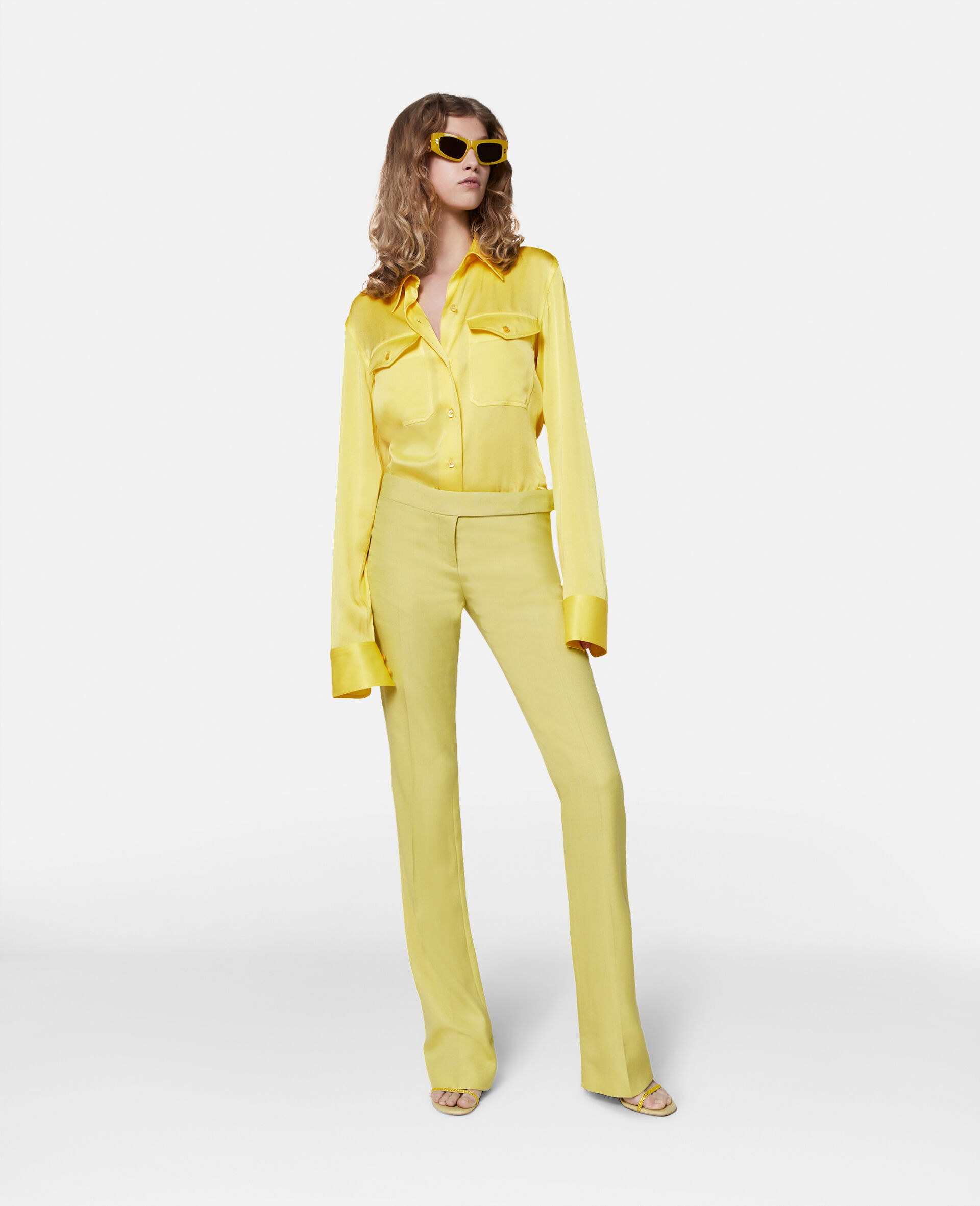 Double Pocket Satin Shirt-Yellow-large image number 1
