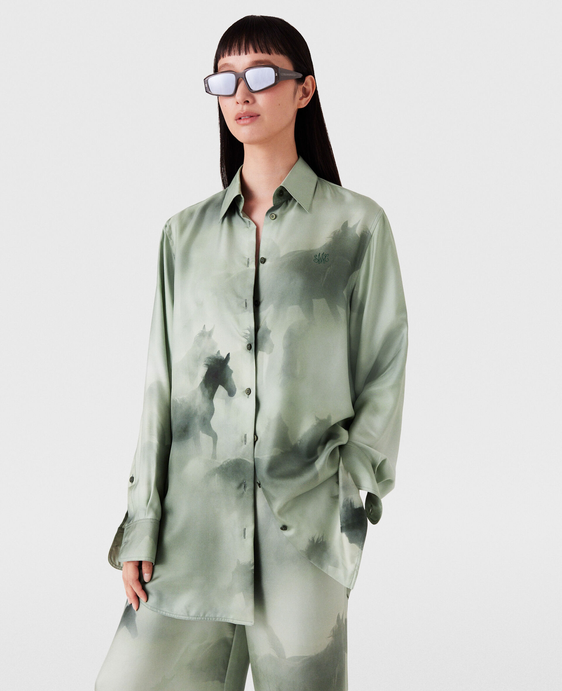 Oversized Horse Print Shirt-Green-large image number 6