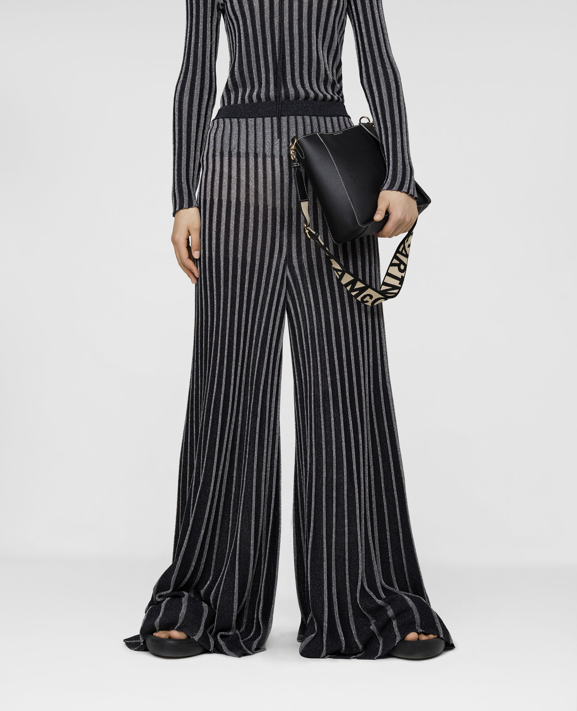 Pinstripe Pleated Knitted Trousers-Black-large image number 3