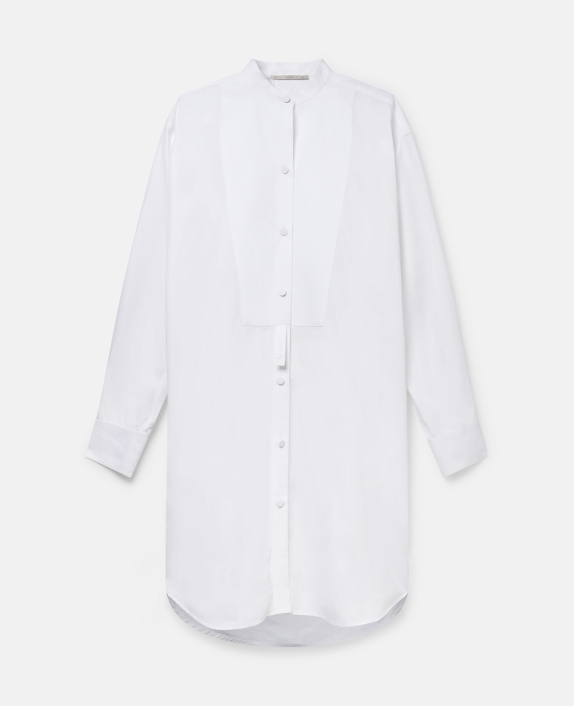 Grandfather Collar Cotton Midi Dress -White-medium