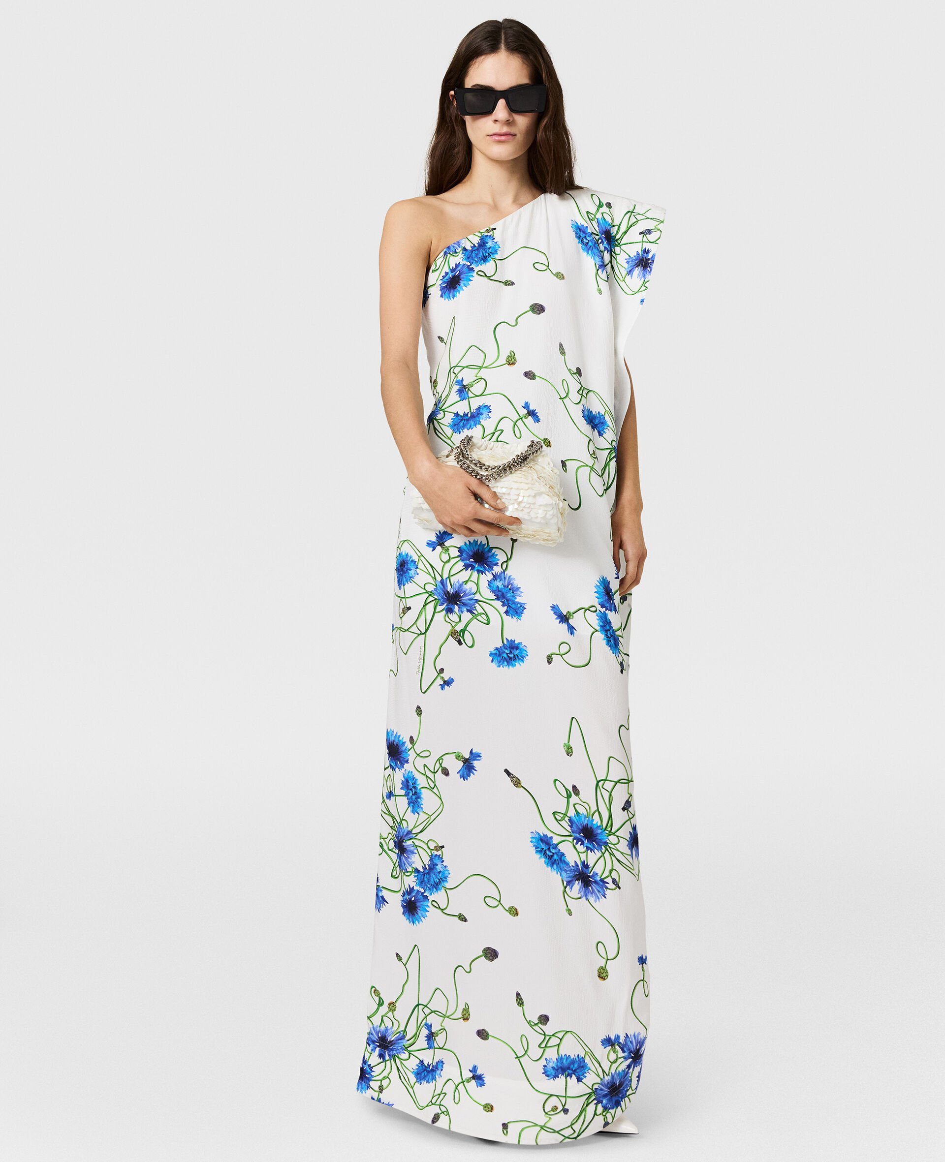 Floral Print Hammered Silk Asymmetric Cocktail Dress-White-medium