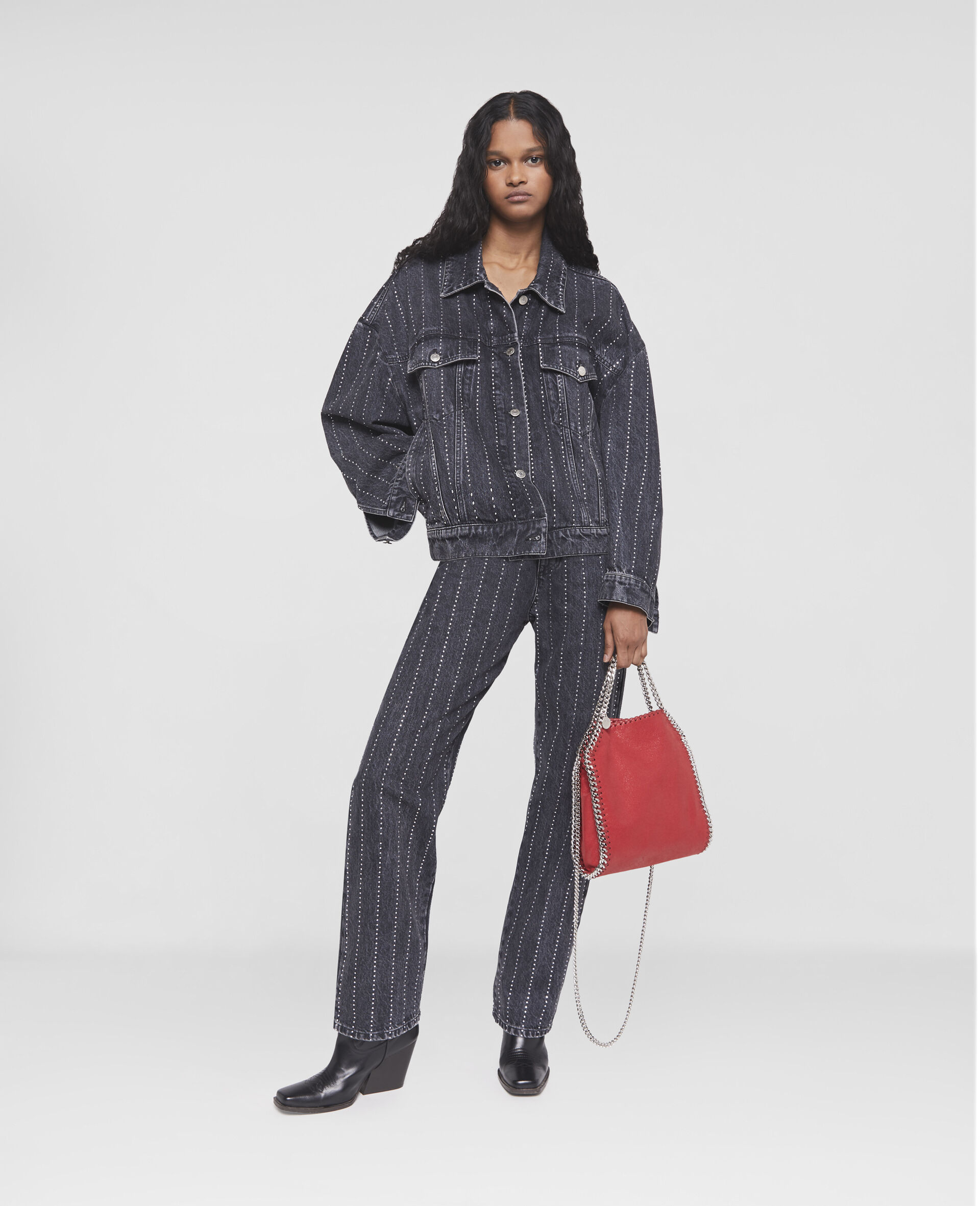 Crystal Pinstripe Oversized Denim Jacket-Black-large image number 1