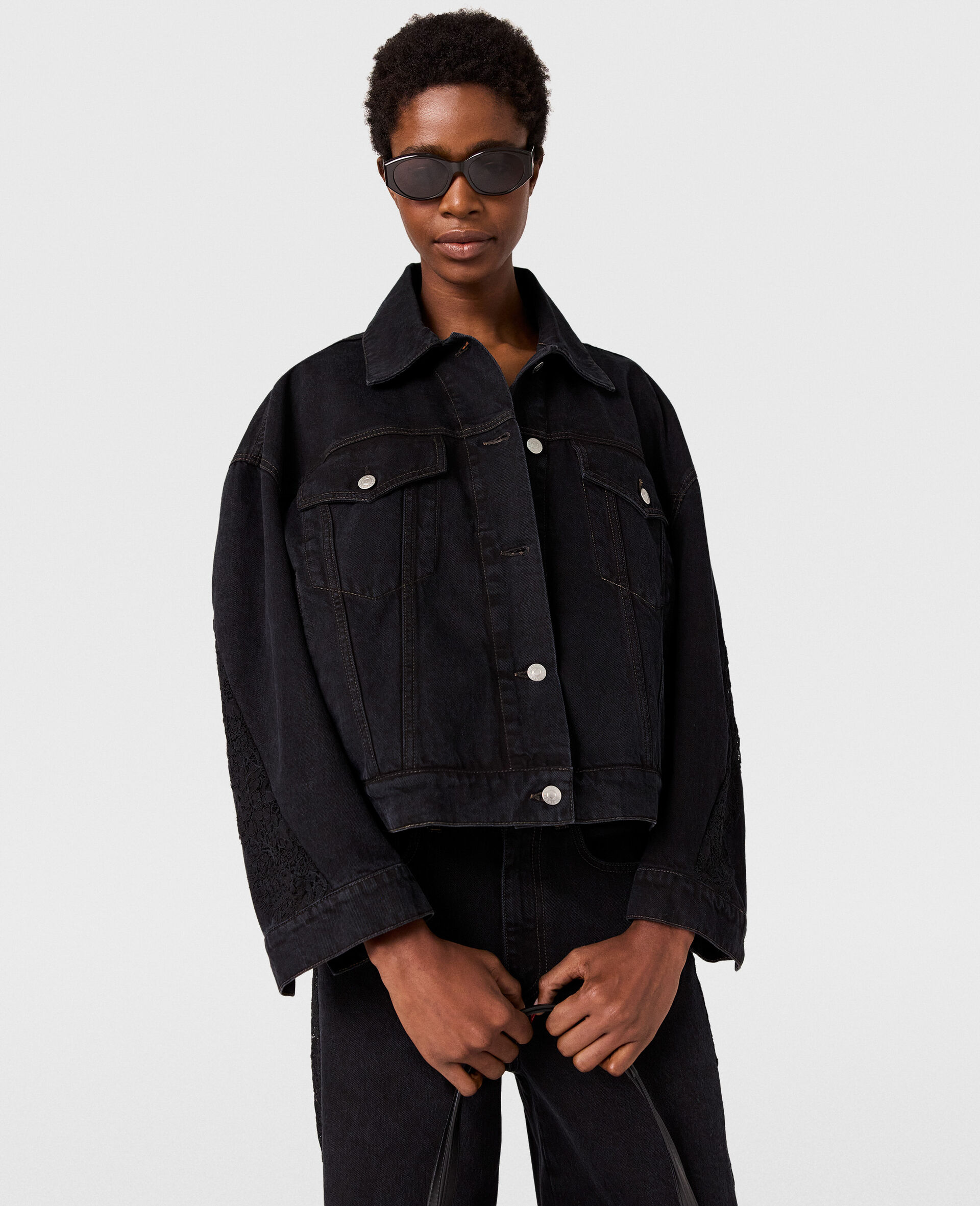 Lace-Insert Panelled Denim Jacket-Black-model