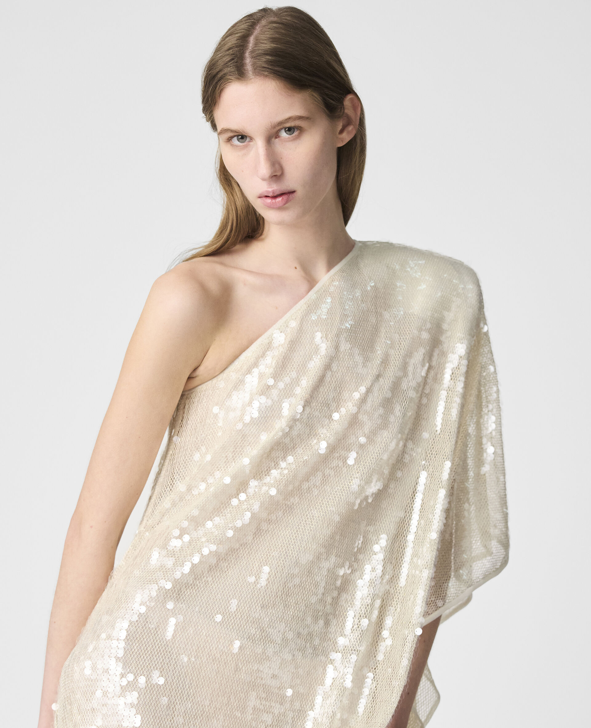 One-Sleeve Sequin Dress-Cream-large One-Sleeve Sequin Dress-Cream-large image number 4