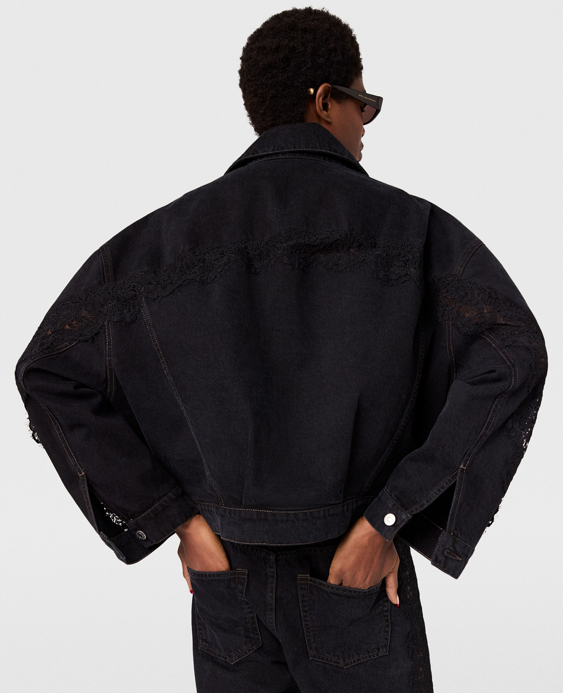 Giacca in Denim con Inserti in Pizzo-Nero-large image number 4