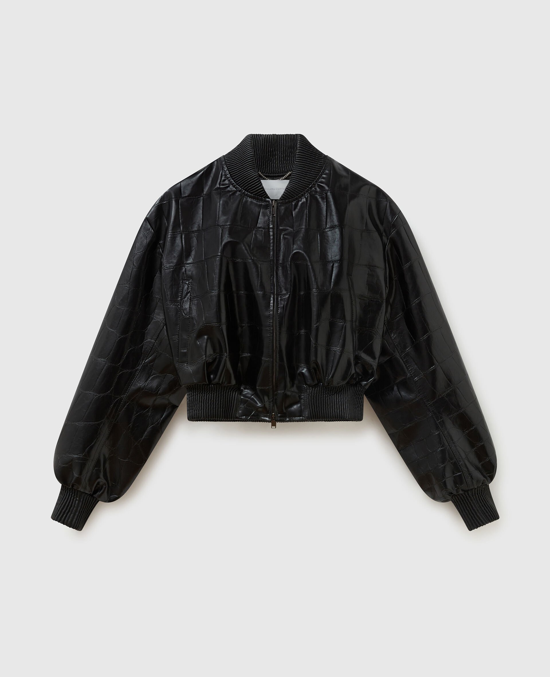 Crocodile-Embossed Cropped Bomber Jacket-Black-large image number 0