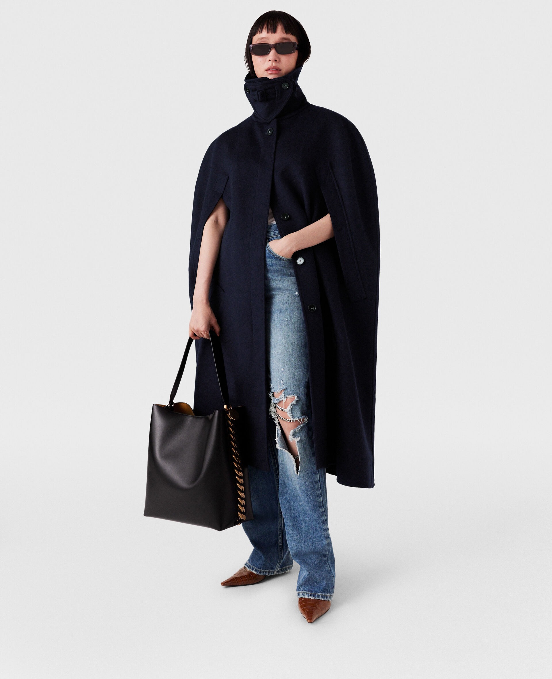 High-Neck Button-Up Cape-Blue-model