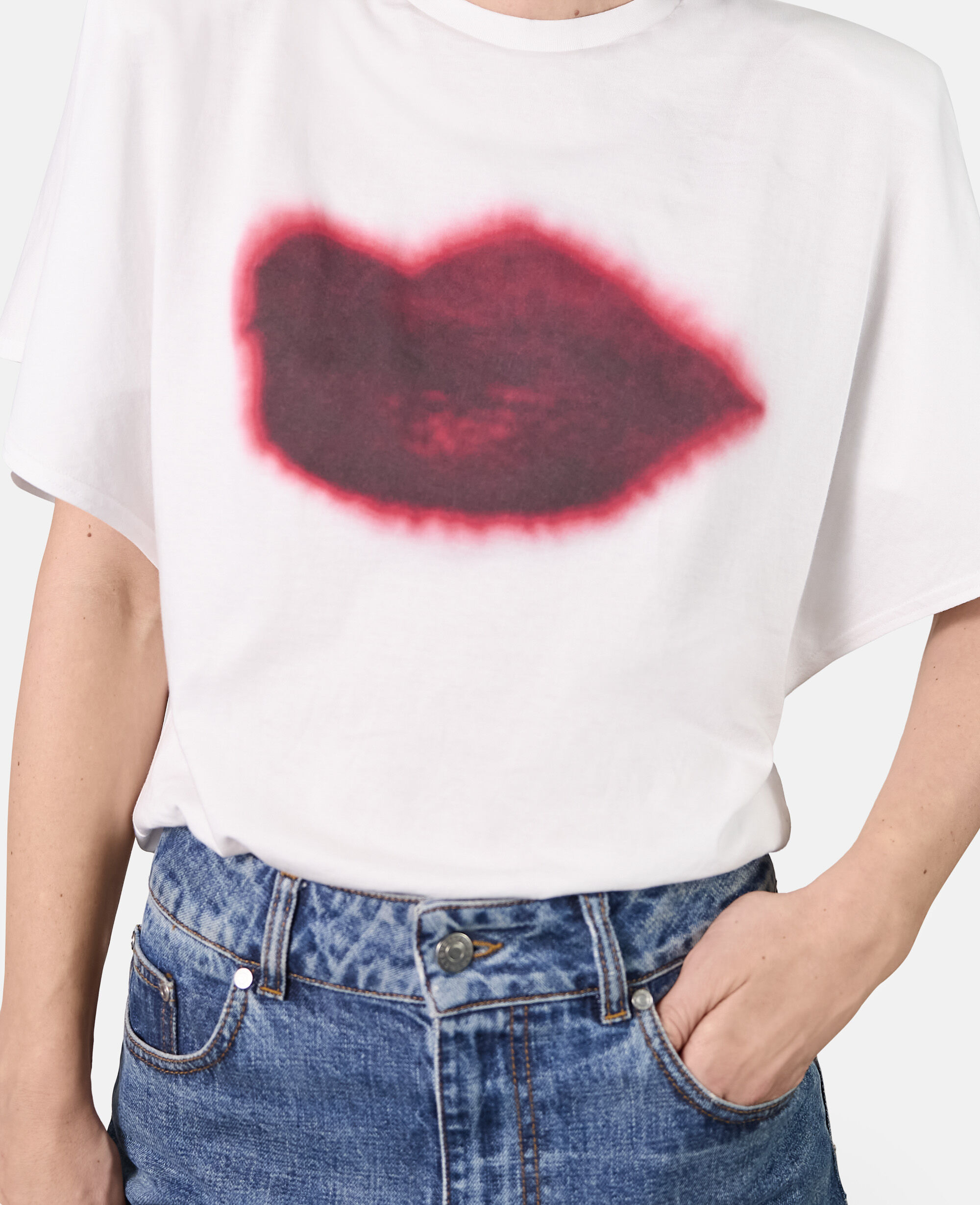 Women Pure White Lips Graphic Shoulder Pad T Shirt Stella McCartney GB