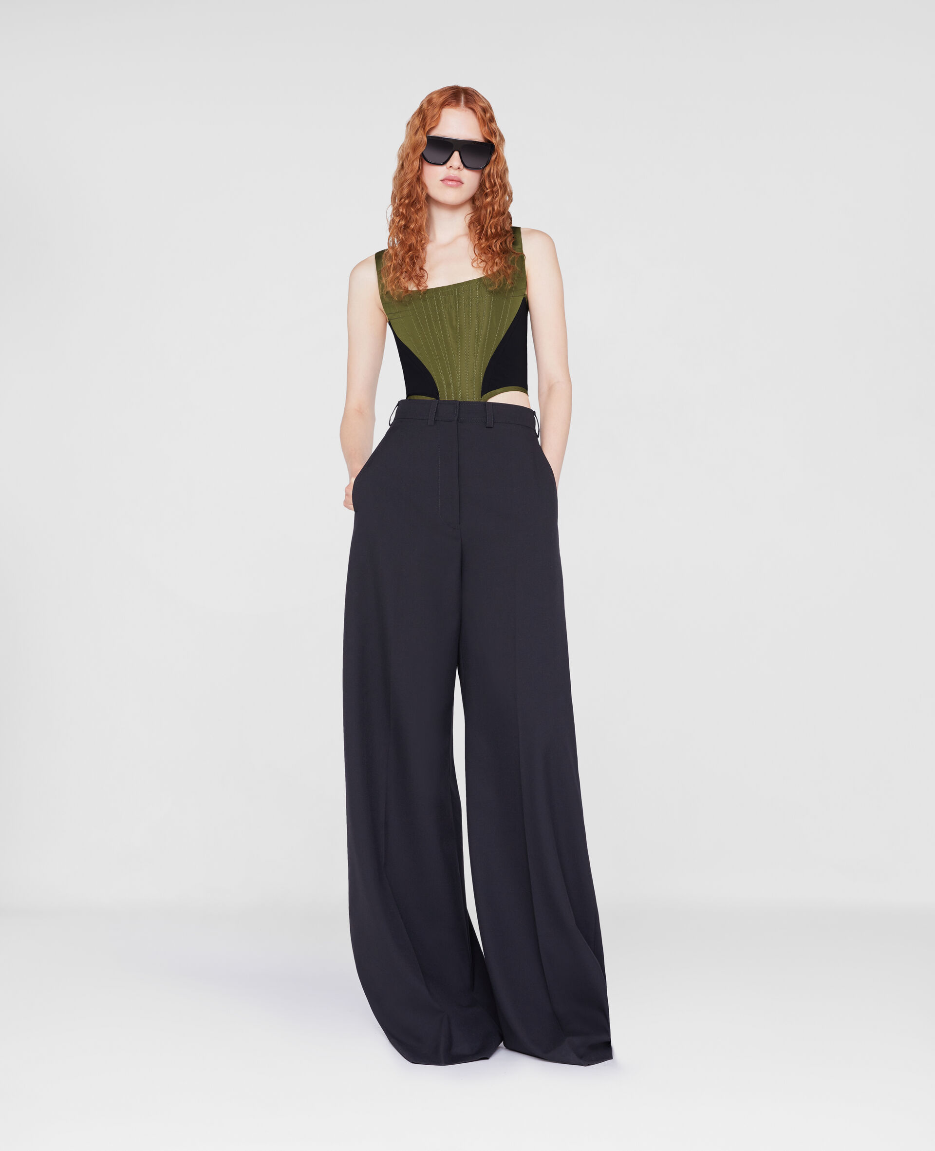 Wide Leg Wool Trousers-Black-large image number 1