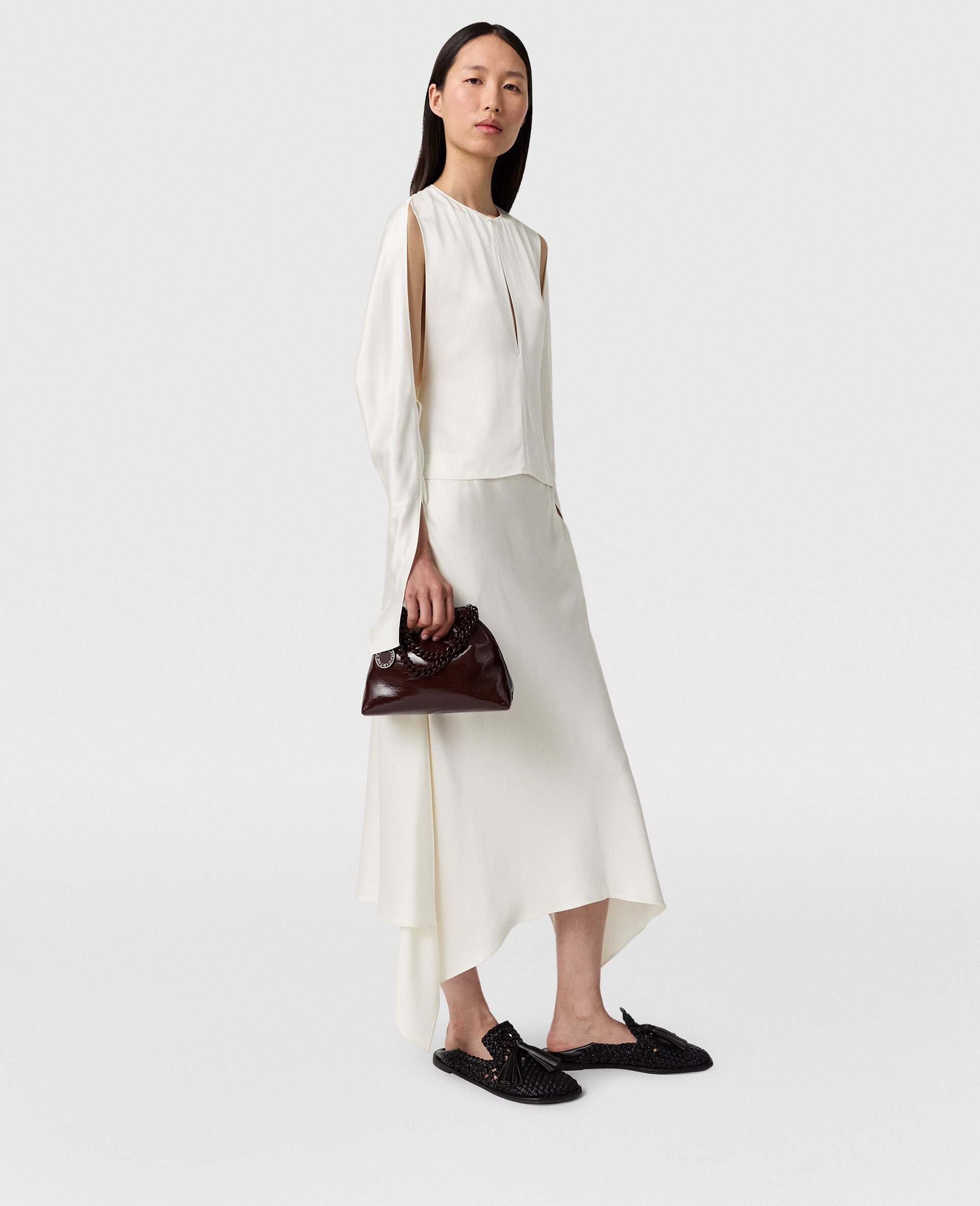 Curved Hem Satin Midi Skirt-Beige-large image number 5