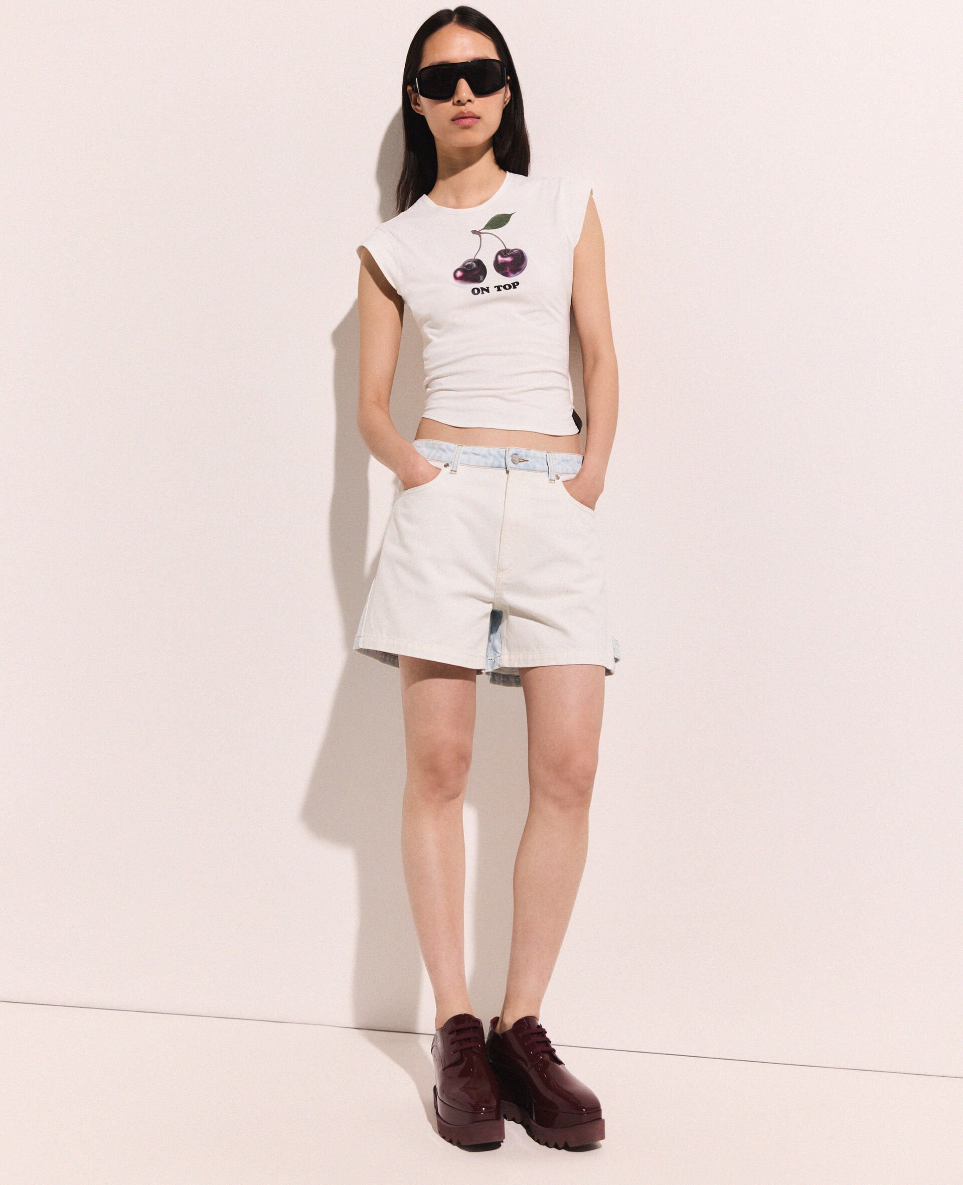 Paneled Denim Shorts-White-model