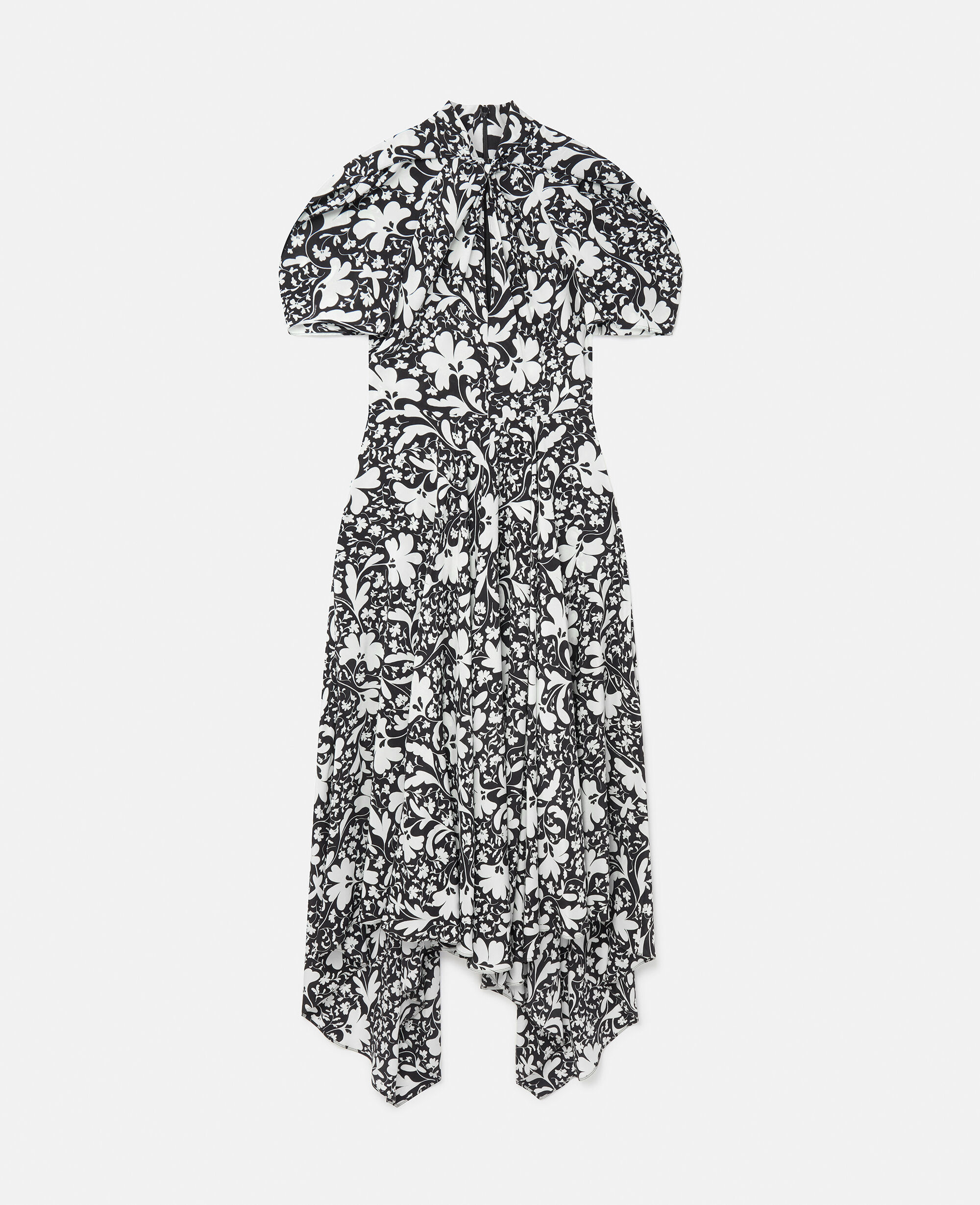 Women Black Multicolour Forest Floral Print Silk Puff Sleeve Dress