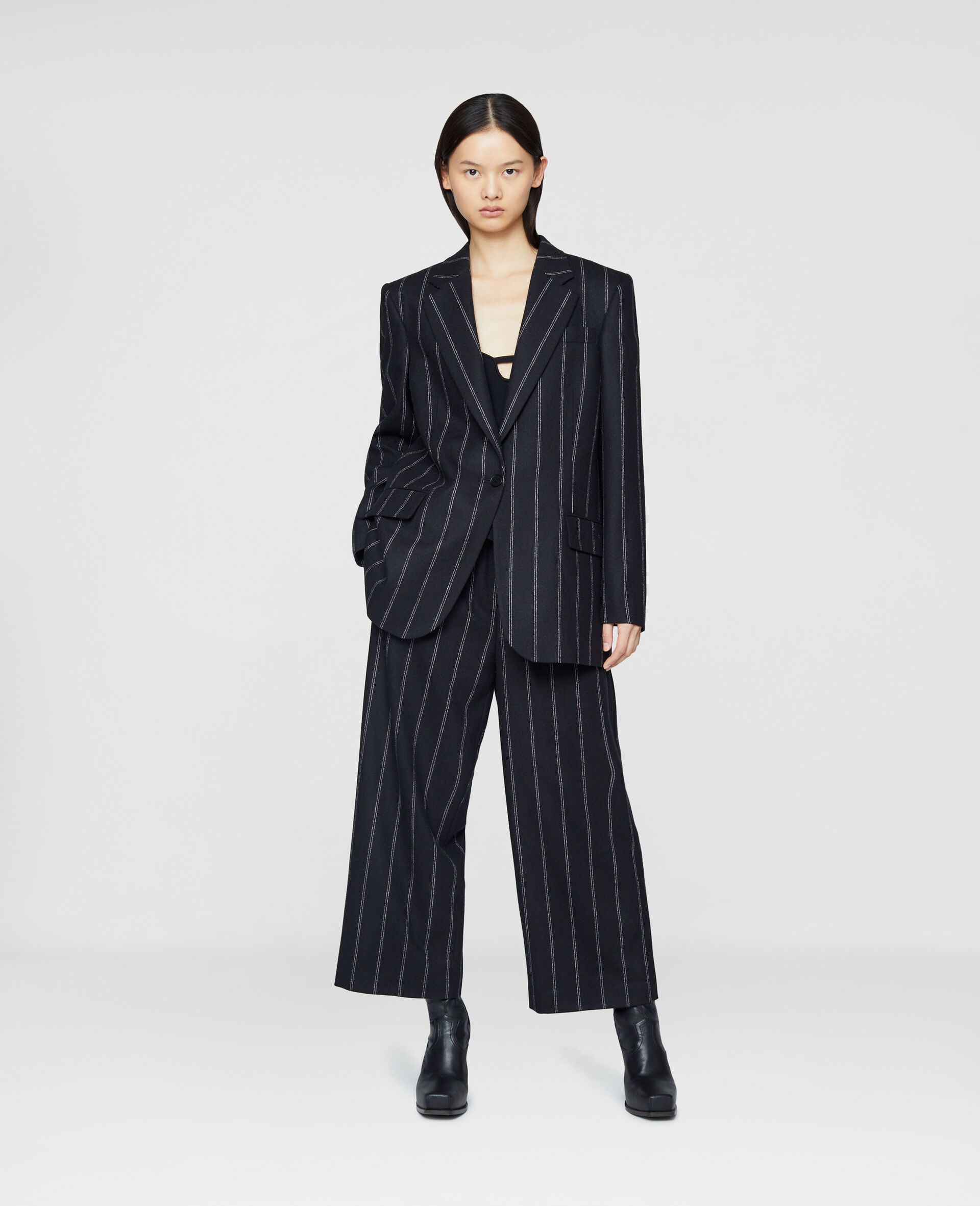 Women Black Pinstripe Wool SingleBreasted Boyfriend Blazer Stella
