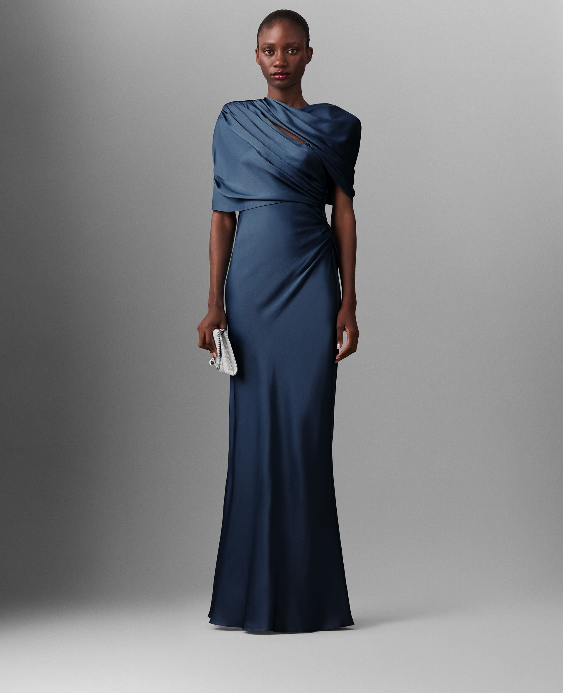 Satin Wrapped Short-Sleeve Maxi Dress-Blue-medium