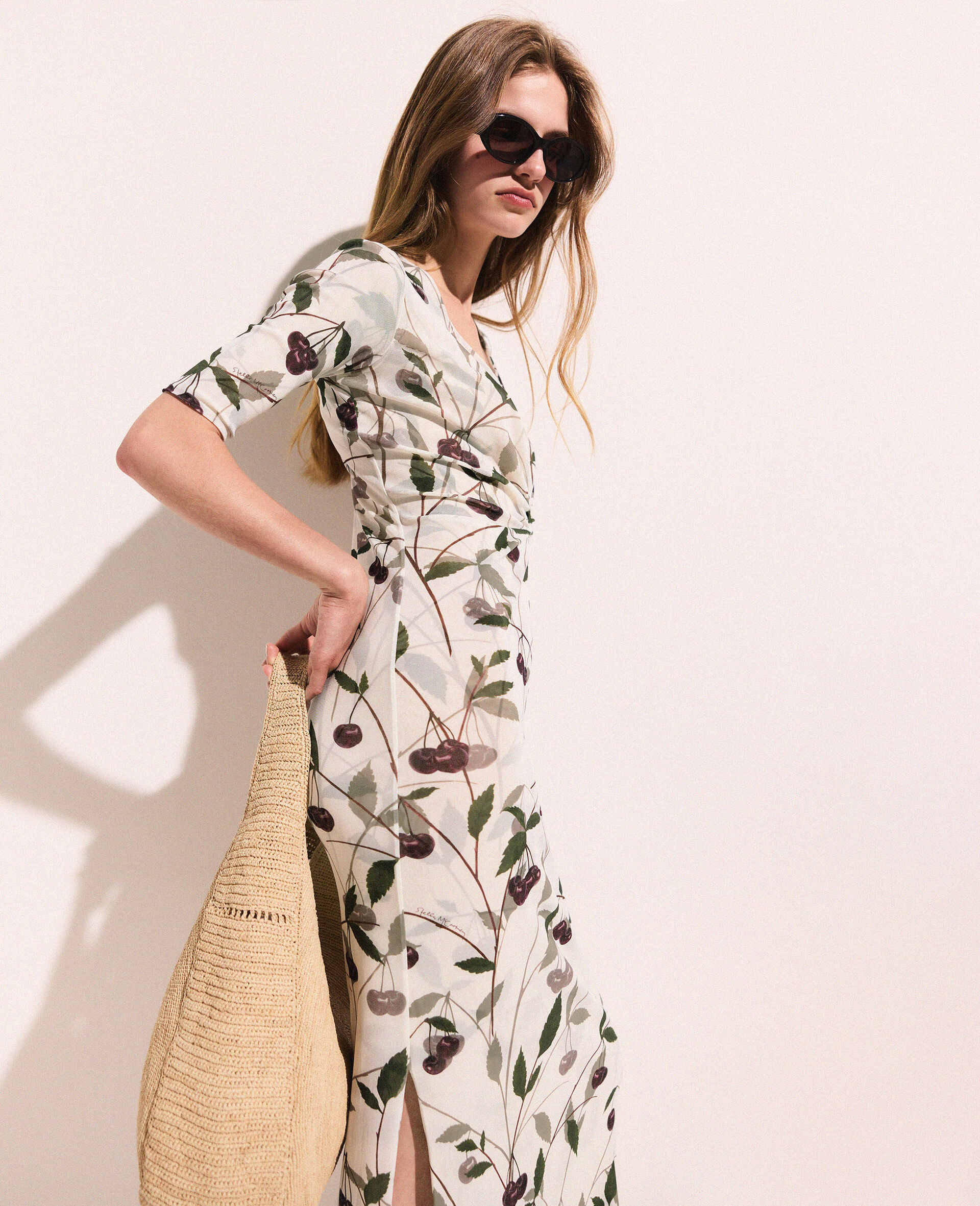 Cherry Print Mesh Half Sleeve Midi Dress-Beige-large image number 2