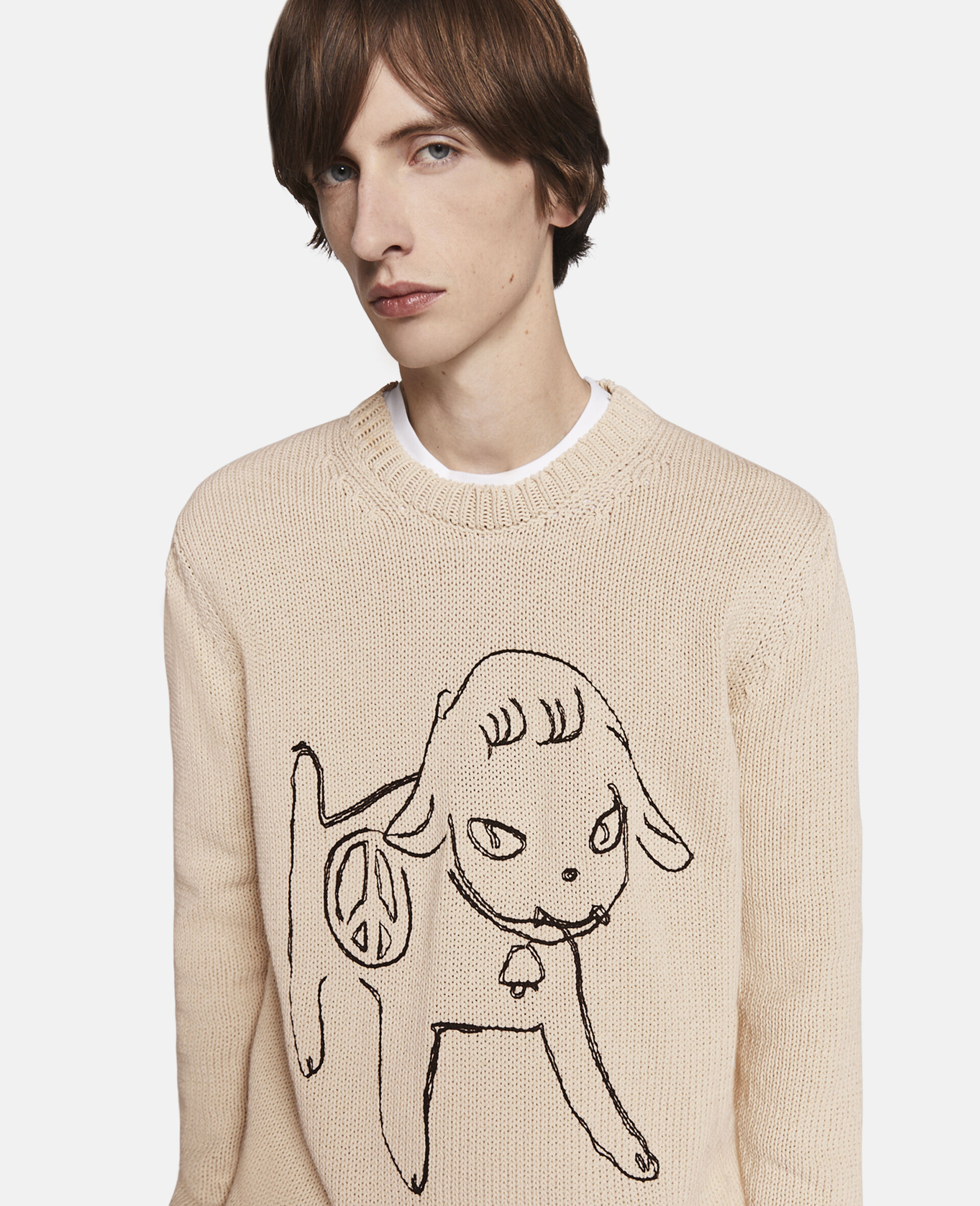 Sheep Embroidery Cotton Sweatshirt-Beige-large image number 4
