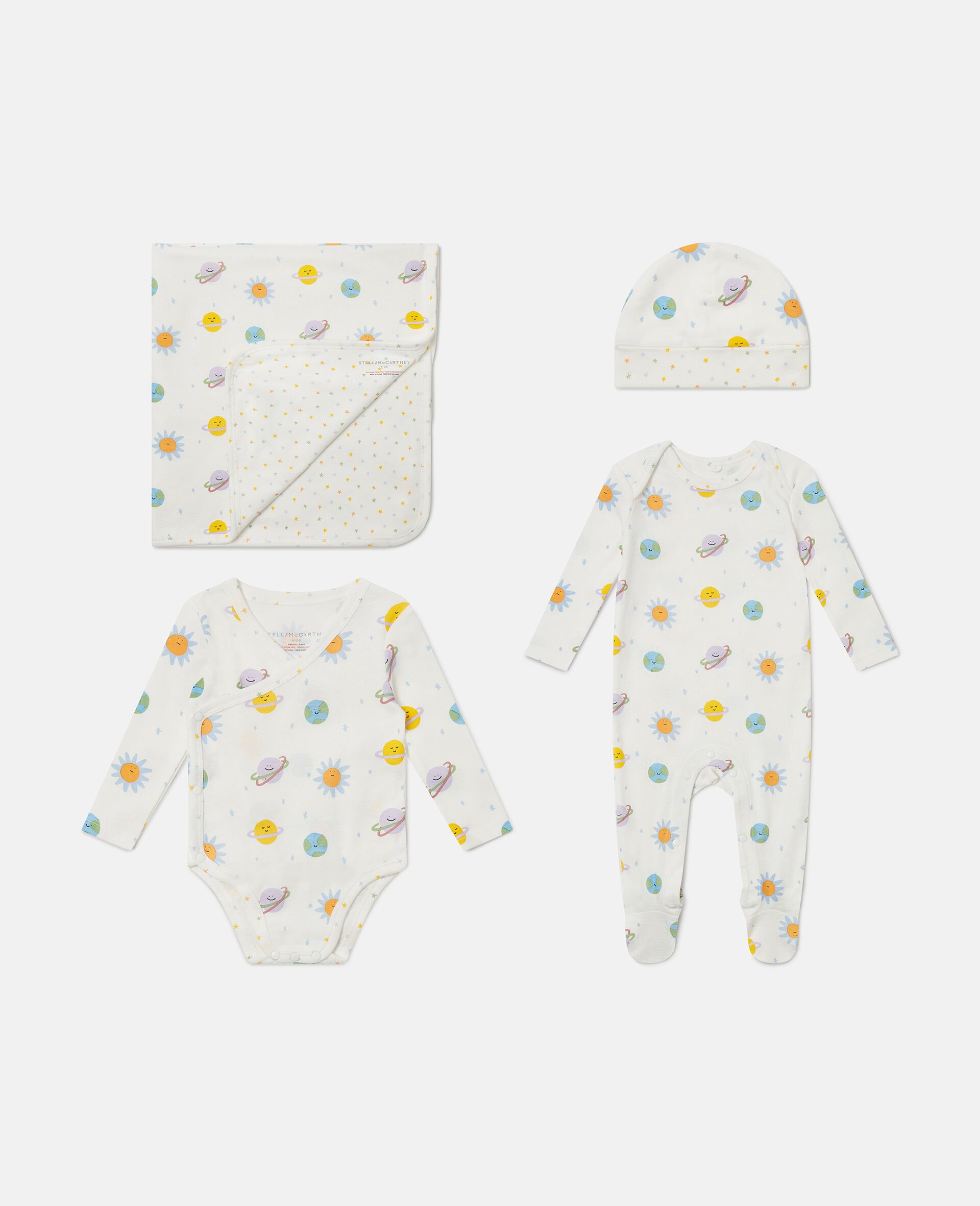 Planets Printed Romper, Hat and Blanket  Set-White-medium