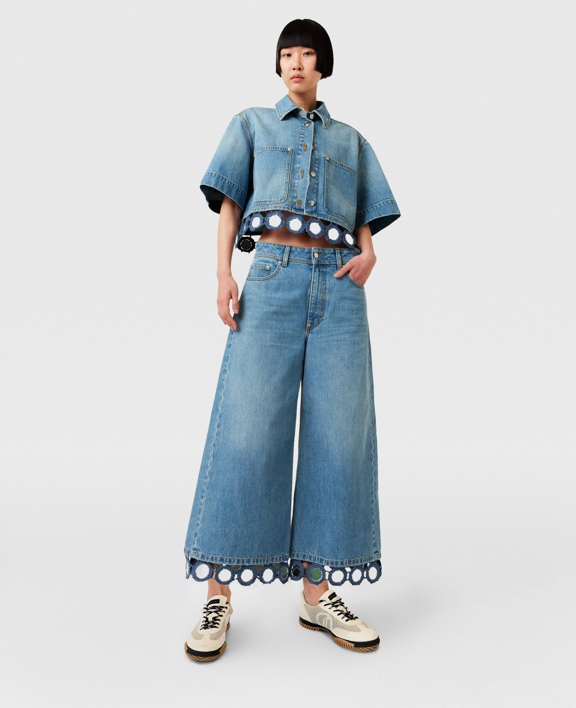 Women LIGHT BLUE VINTAGE DENIM Mirror Crochet Wide-Leg Culottes | Stella  McCartney SG