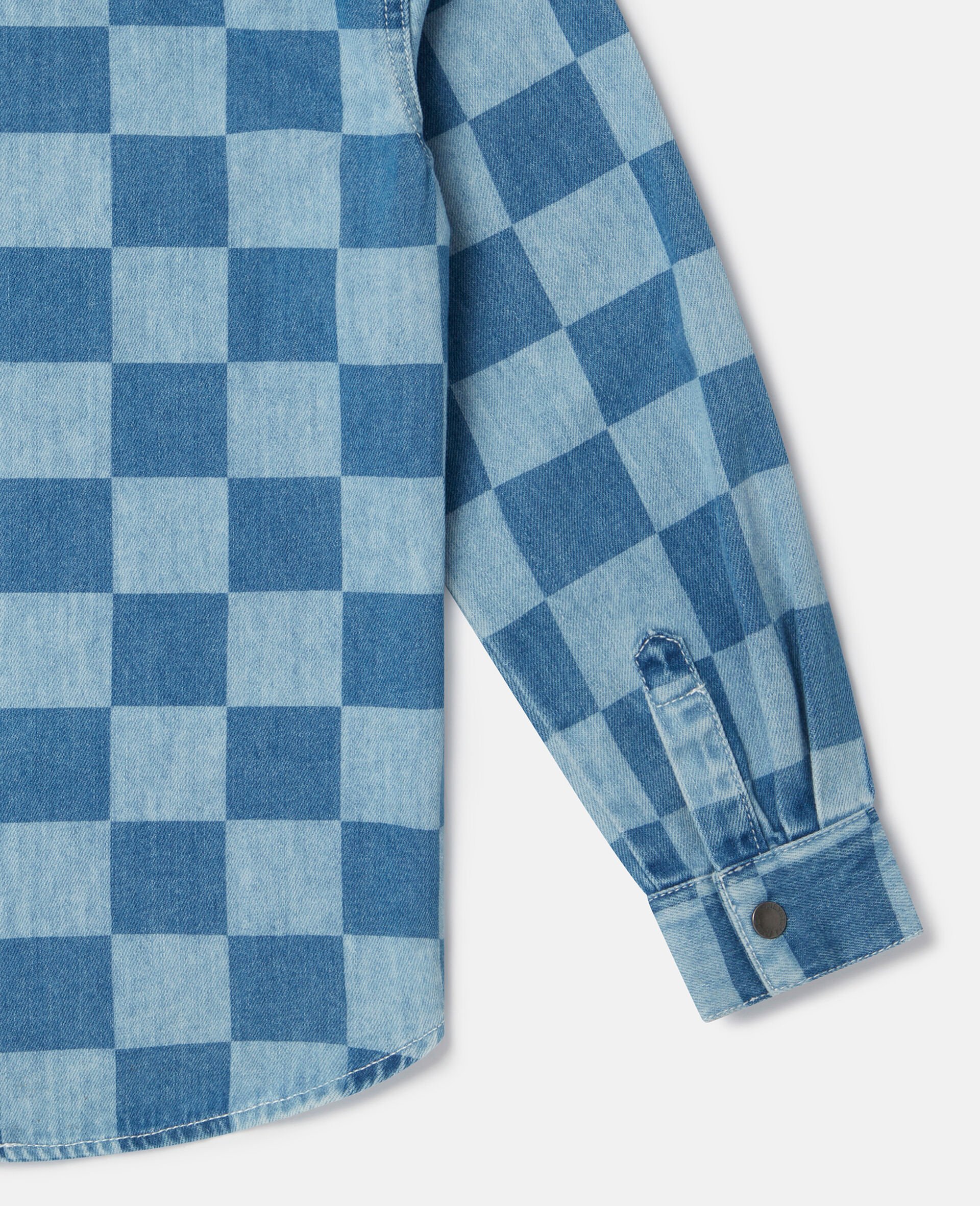 Checkerboard Print Denim Shirt-Blue-large Checkerboard Print Denim Shirt-Blue-large image number 3