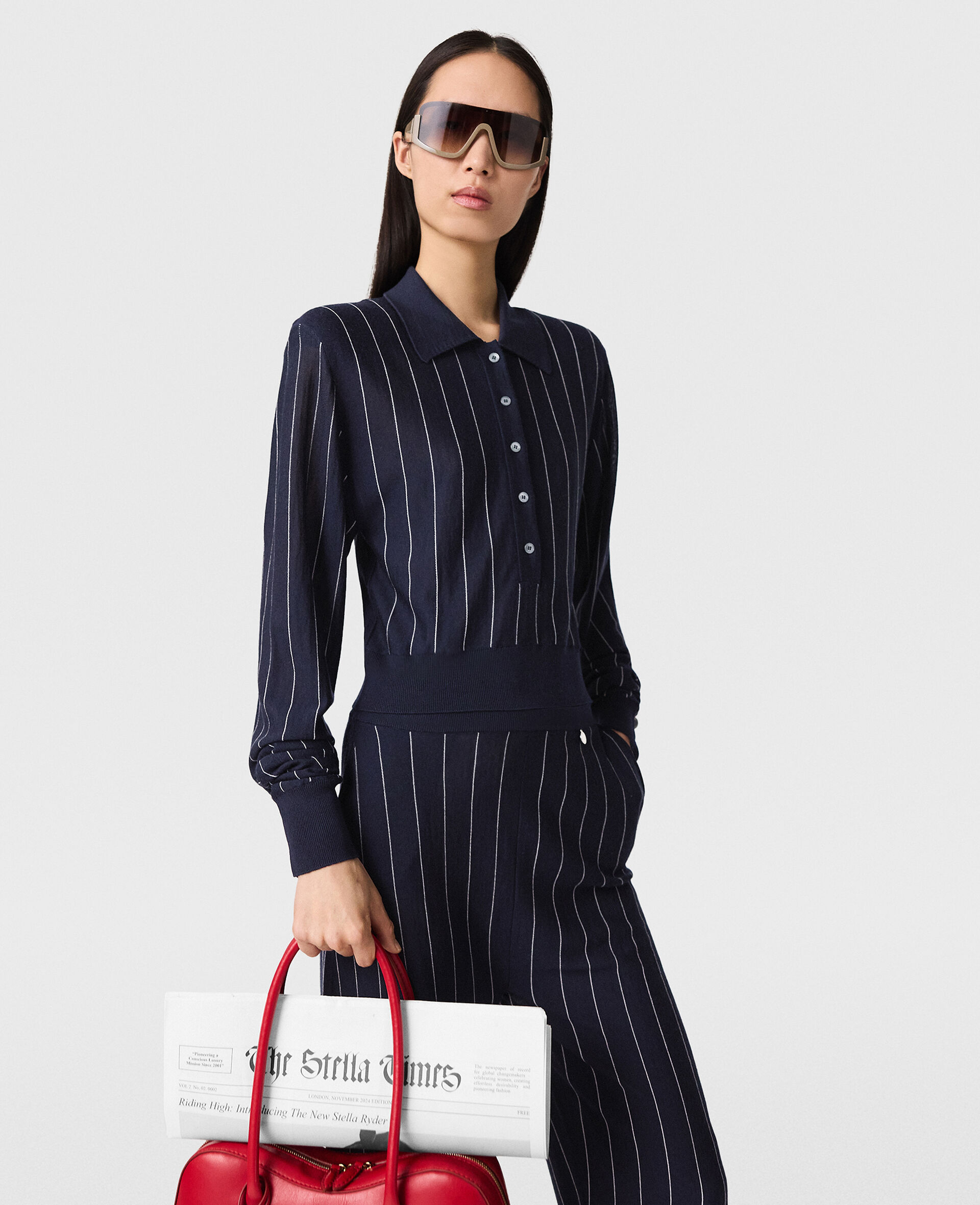 Collared Pinstripe Long Sleeve Top-Blue-model
